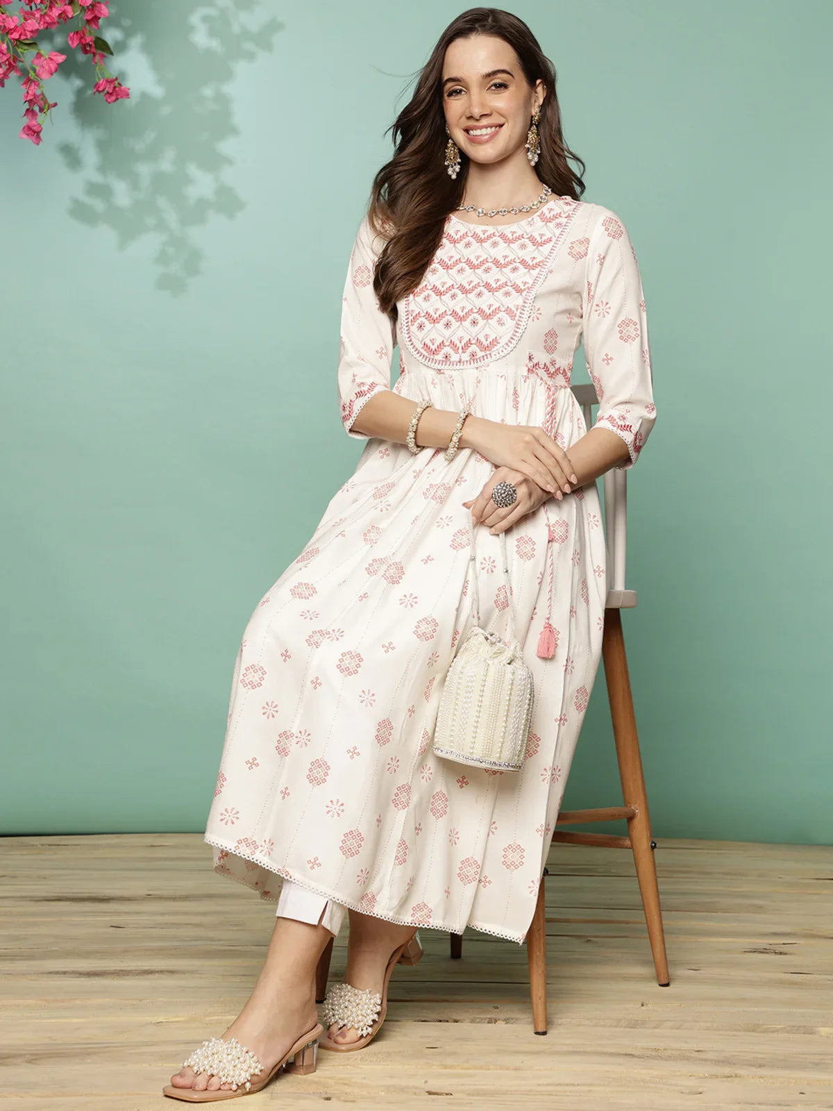 Buy Rayon Yoke Embroidered Calf Length Anarkali Kurta With Tie-Up On Waist-Pink