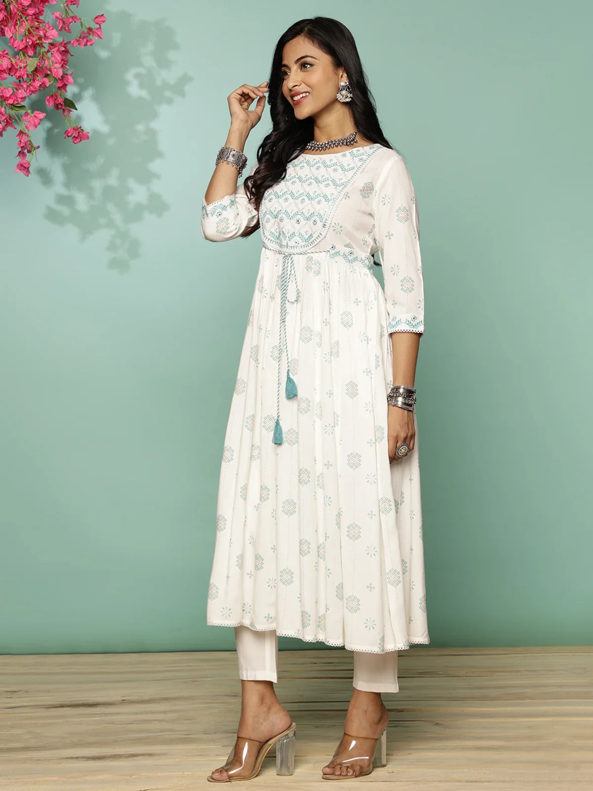 Buy Rayon Yoke Embroidered Calf Length Anarkali Kurta With Tie-Up On Waist-Turquoise