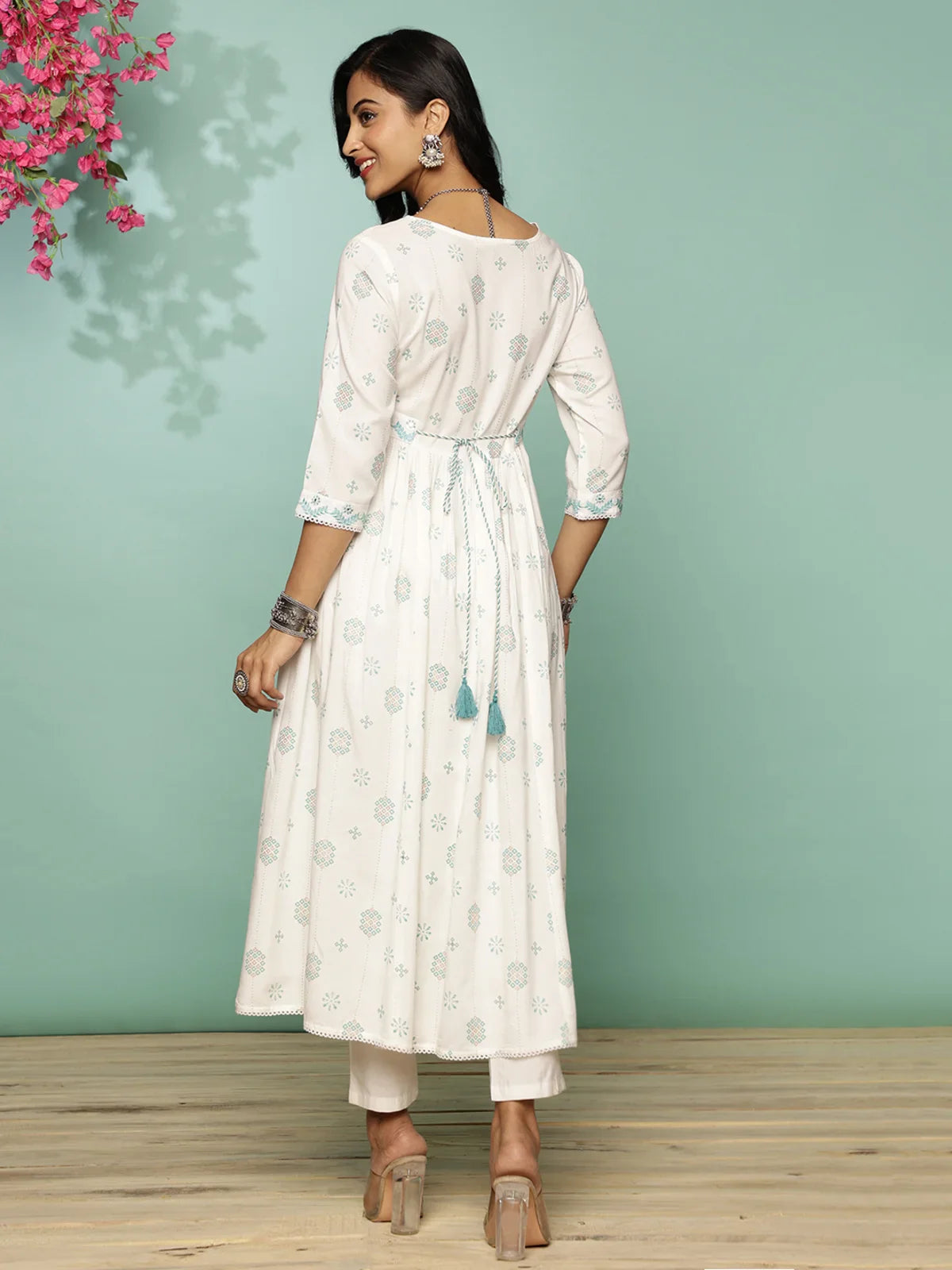 Buy Rayon Yoke Embroidered Calf Length Anarkali Kurta With Tie-Up On Waist-Turquoise