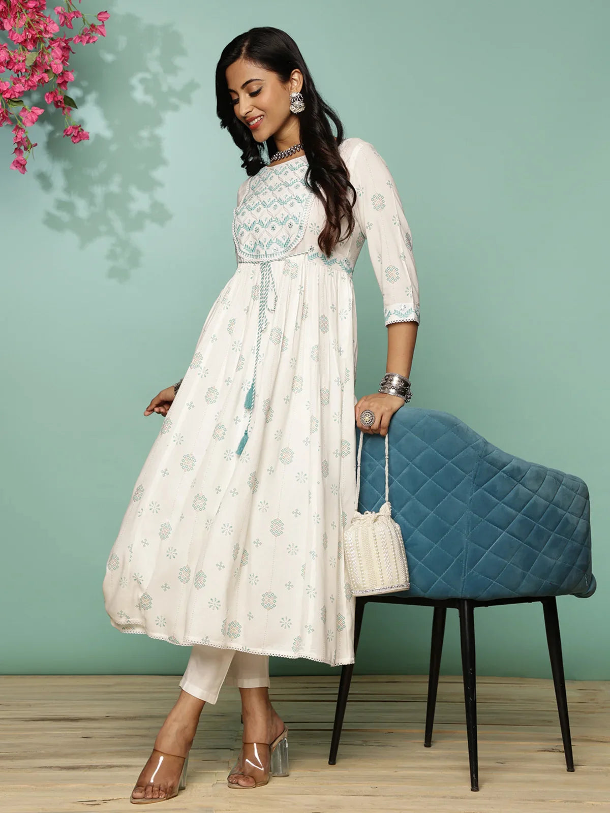 Buy Rayon Yoke Embroidered Calf Length Anarkali Kurta With Tie-Up On Waist-Turquoise