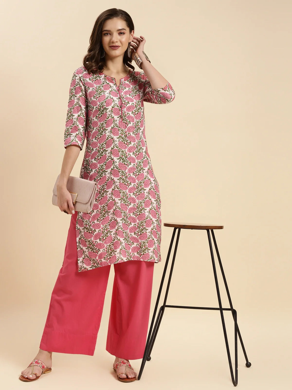 Buy Cotton Printed Knee Length Straight Kurta-Pink