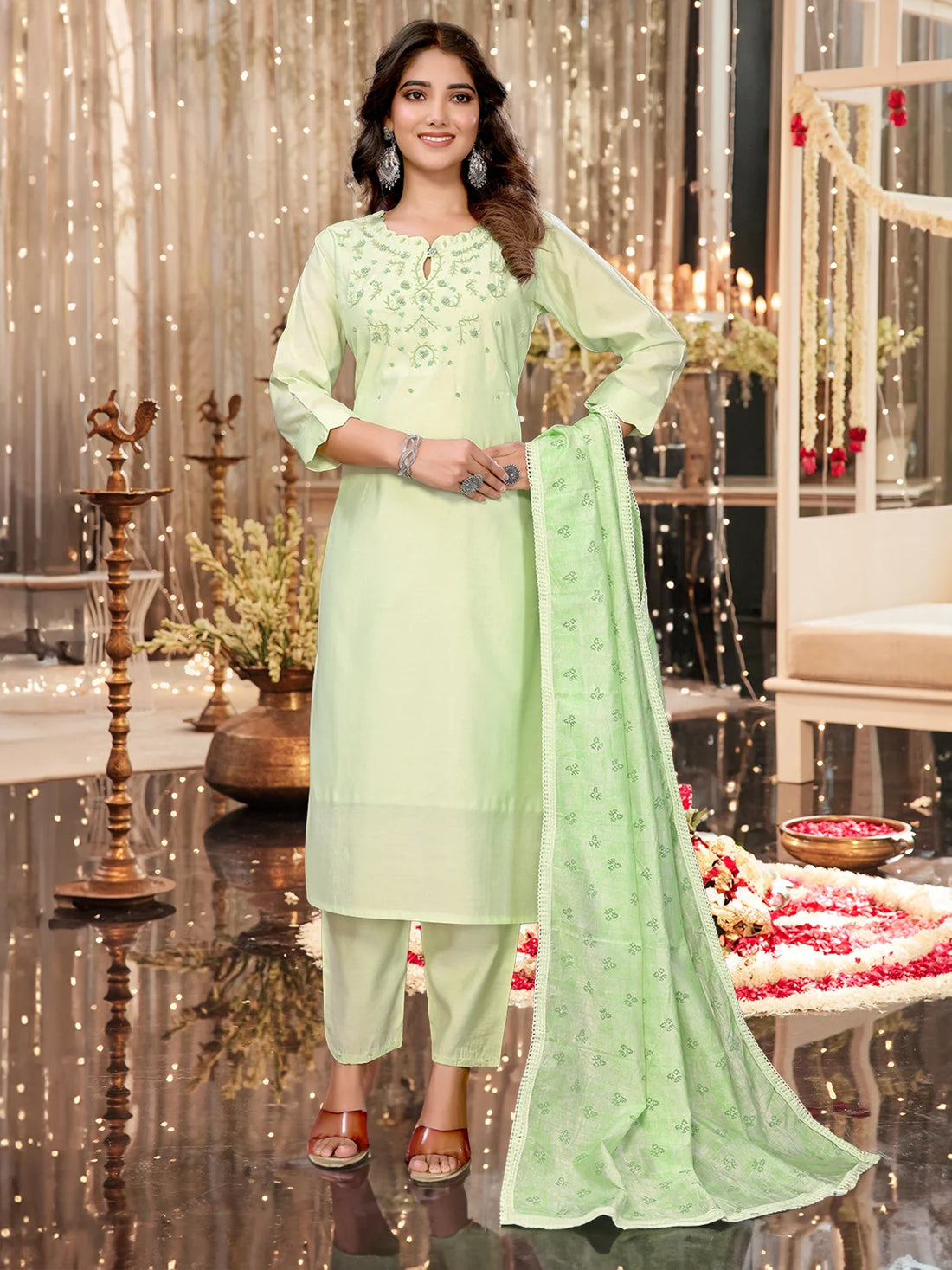 Buy Viscose Blend Embroidered Calf Length Kurta with Pant and Dupatta-Green