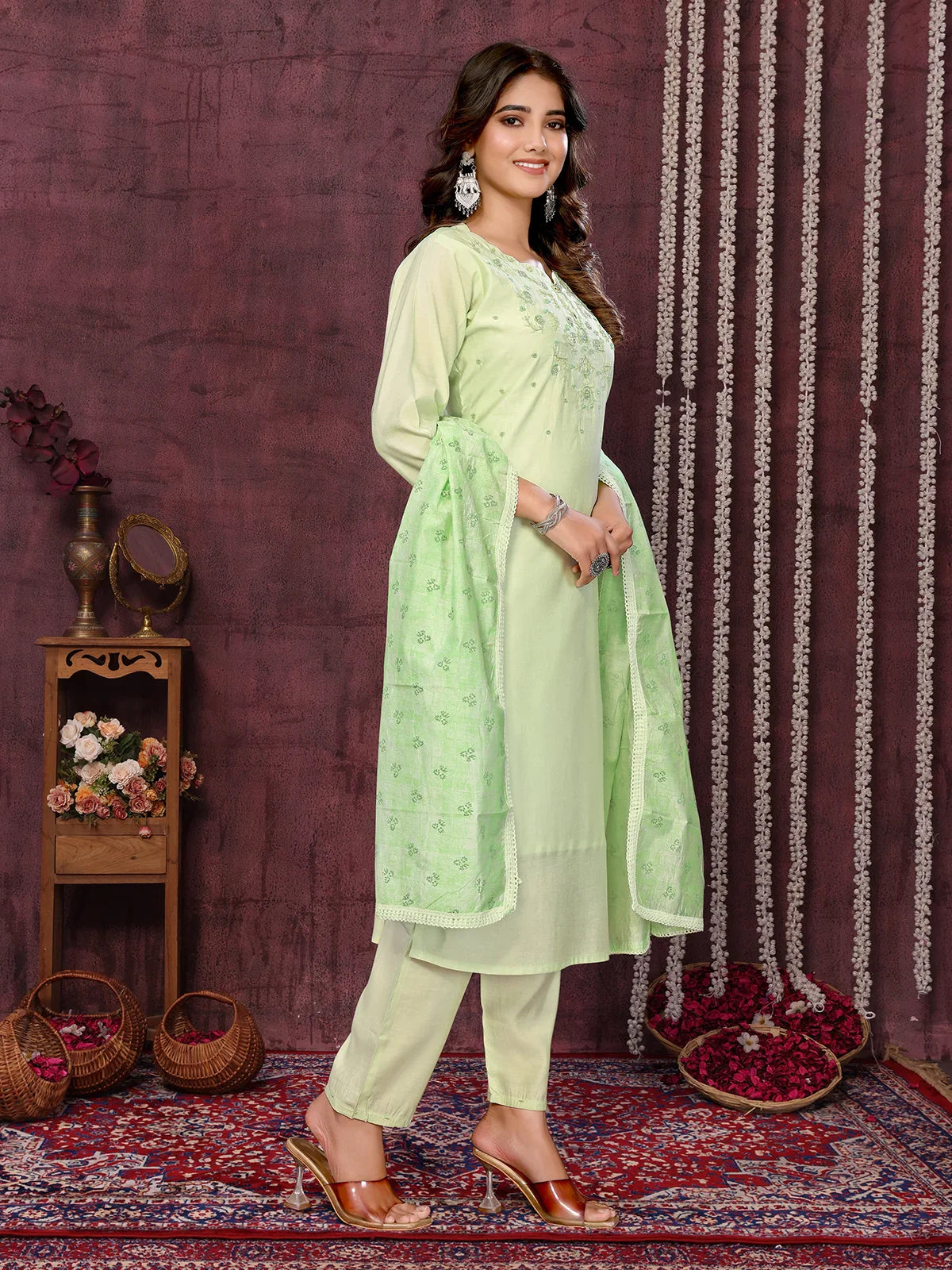 Buy Viscose Blend Embroidered Calf Length Kurta with Pant and Dupatta-Green