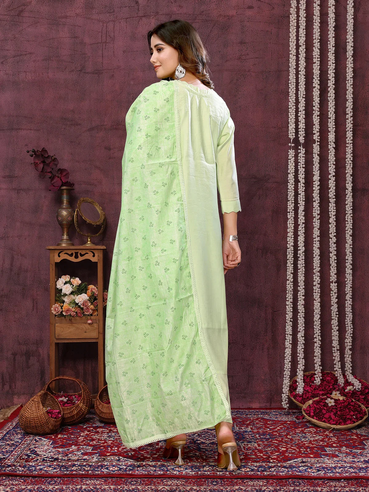 Buy Viscose Blend Embroidered Calf Length Kurta with Pant and Dupatta-Green