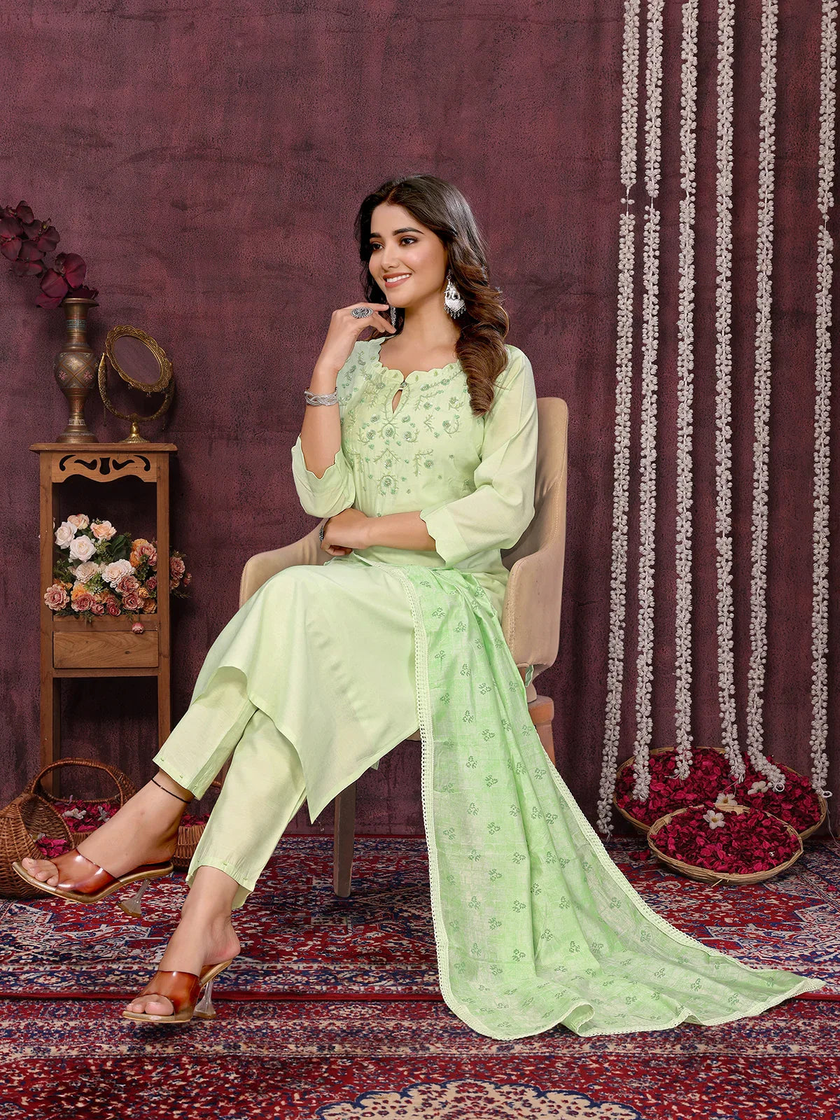 Buy Viscose Blend Embroidered Calf Length Kurta with Pant and Dupatta-Green