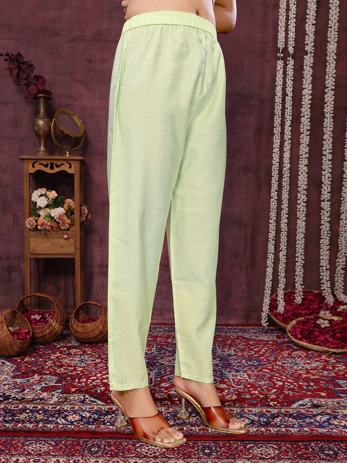 Buy Viscose Blend Embroidered Calf Length Kurta with Pant and Dupatta-Green