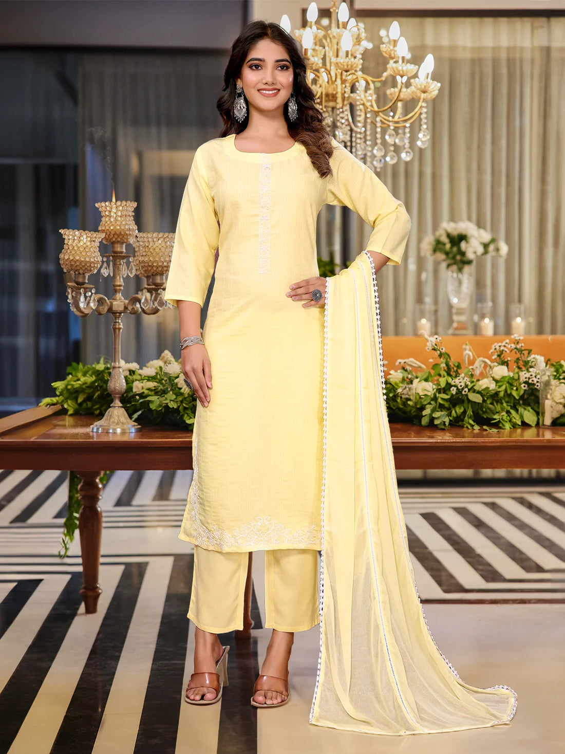 Buy Cotton Blend Embroidered Calf Length Kurta with Pant and Dupatta-Yellow