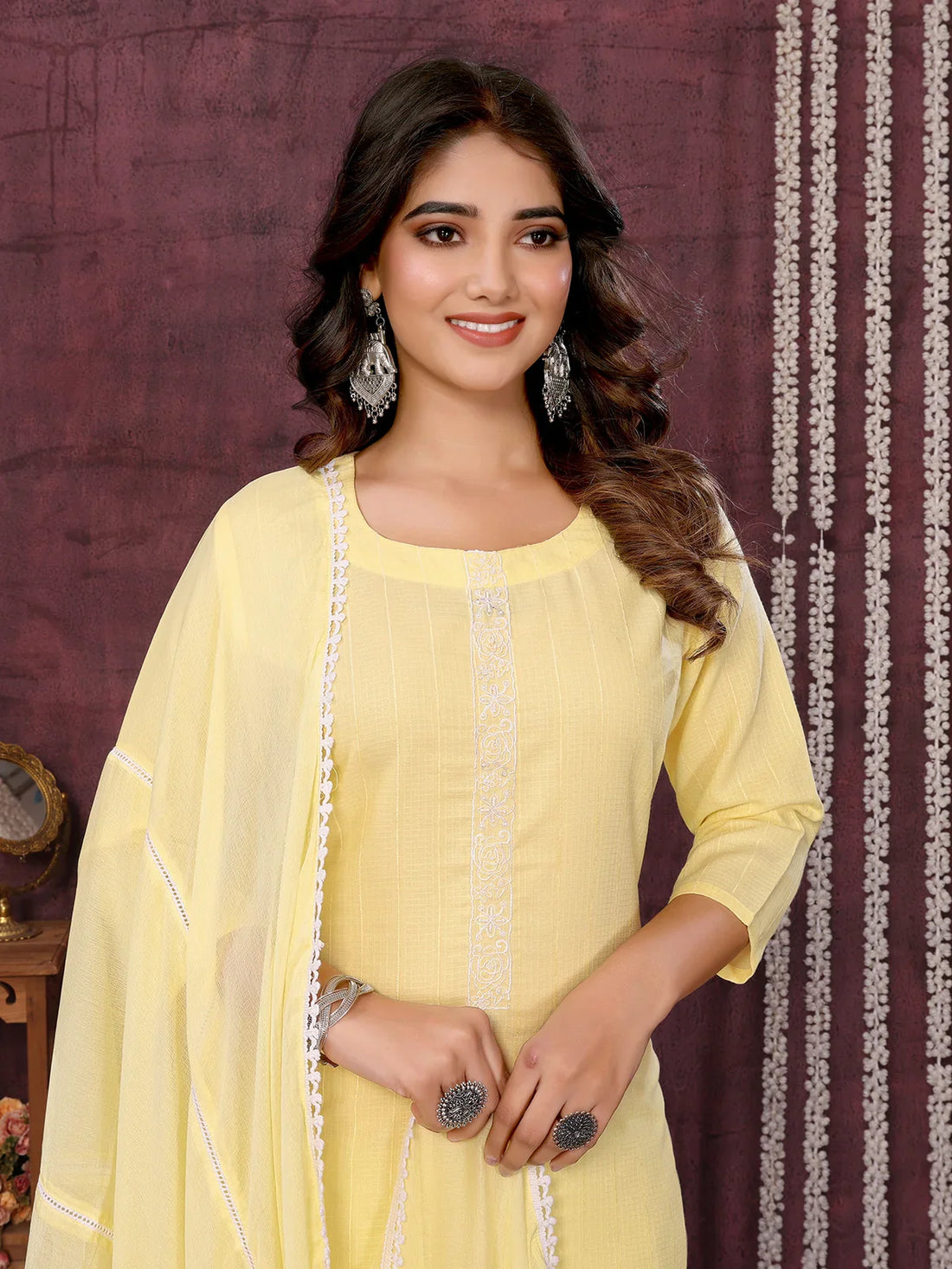 Buy Cotton Blend Embroidered Calf Length Kurta with Pant and Dupatta-Yellow