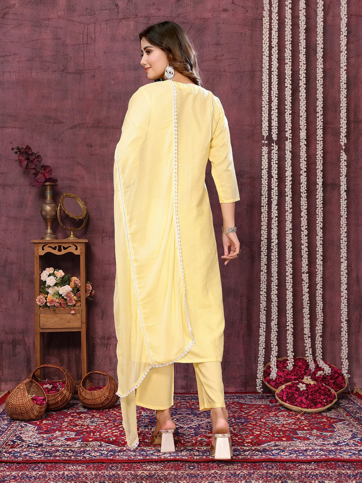 Buy Cotton Blend Embroidered Calf Length Kurta with Pant and Dupatta-Yellow