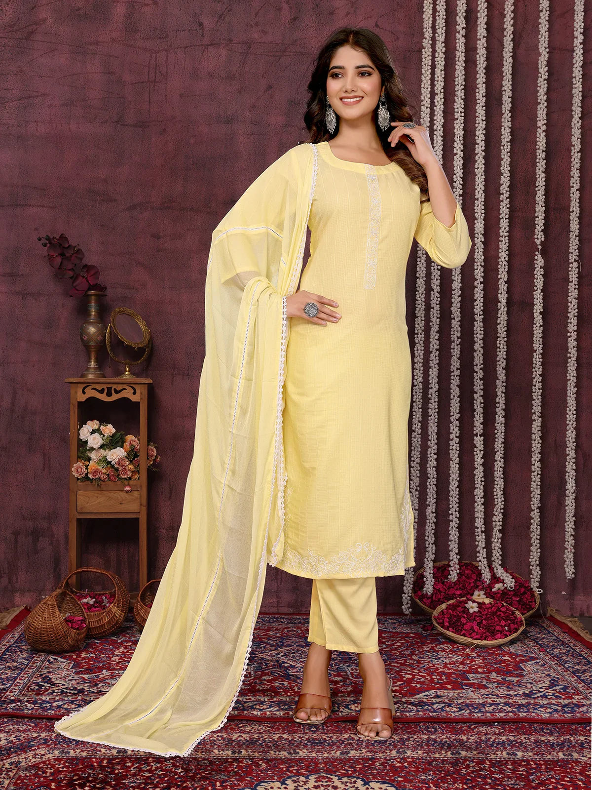 Buy Cotton Blend Embroidered Calf Length Kurta with Pant and Dupatta-Yellow