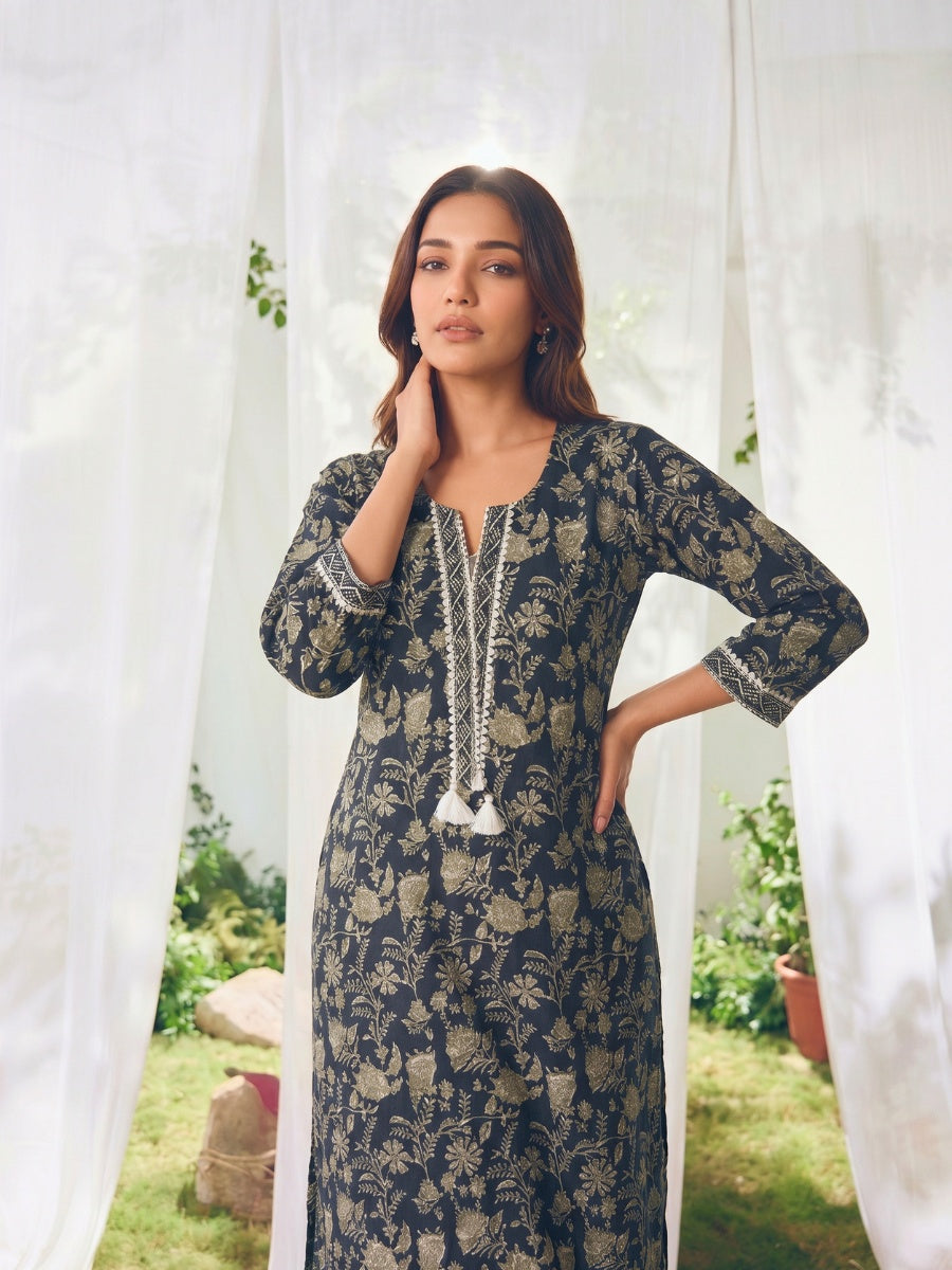 Buy Printed Straight Calf Length Kurta With Pant-Black