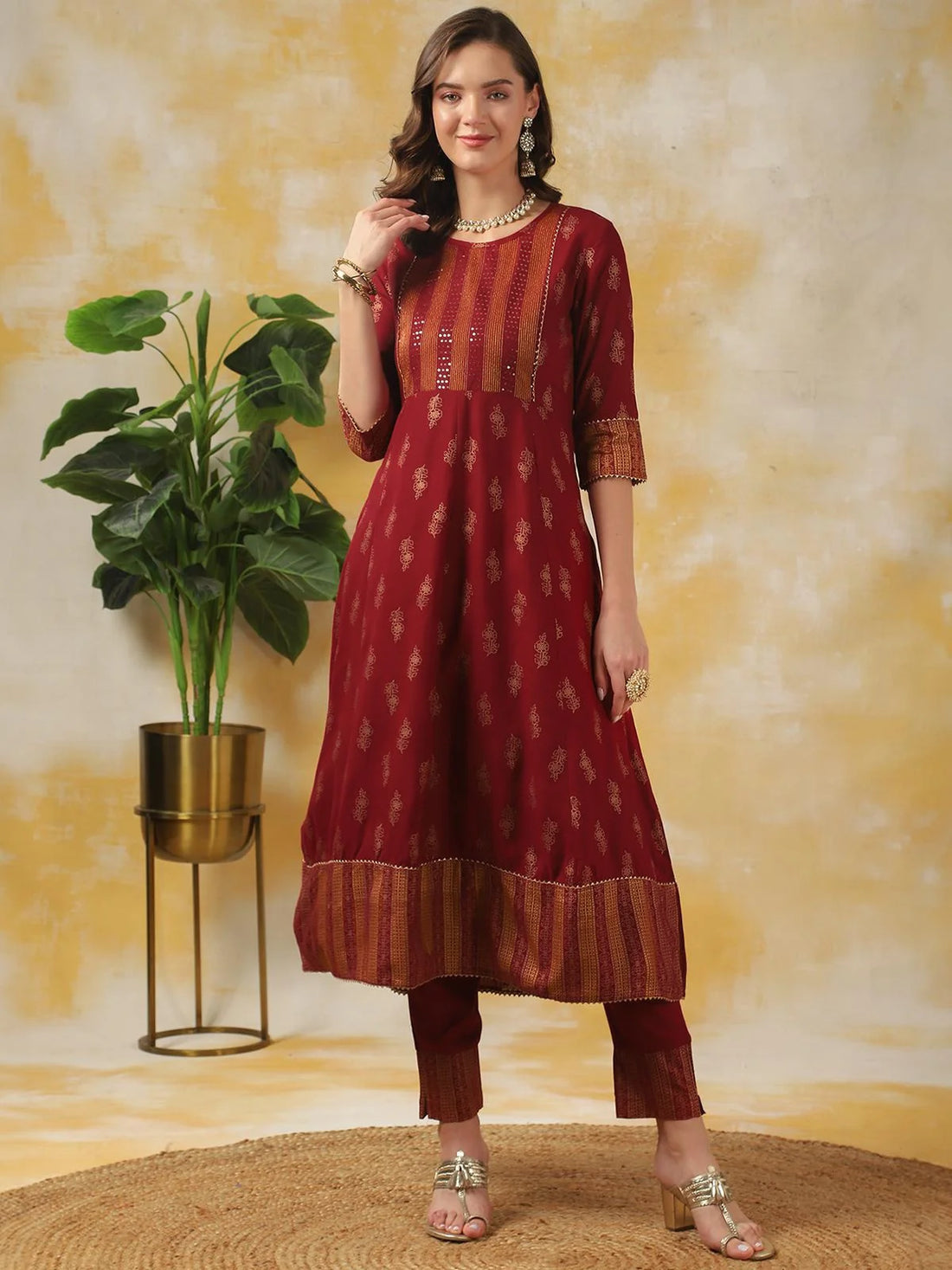 Buy Rayon Floral Embroidered Calf Length Anarkali Kurta With Pant-Maroon