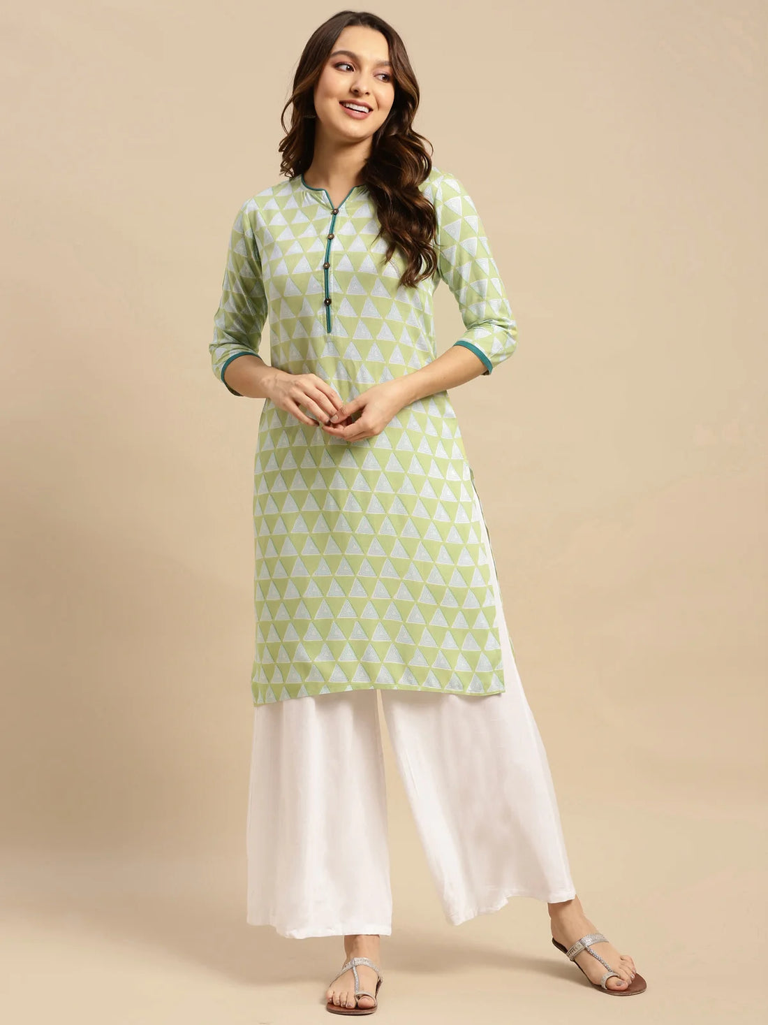 Buy Rayon Geometric Printed Knee Length Straight Kurta With Contrast Placket-Lime Green