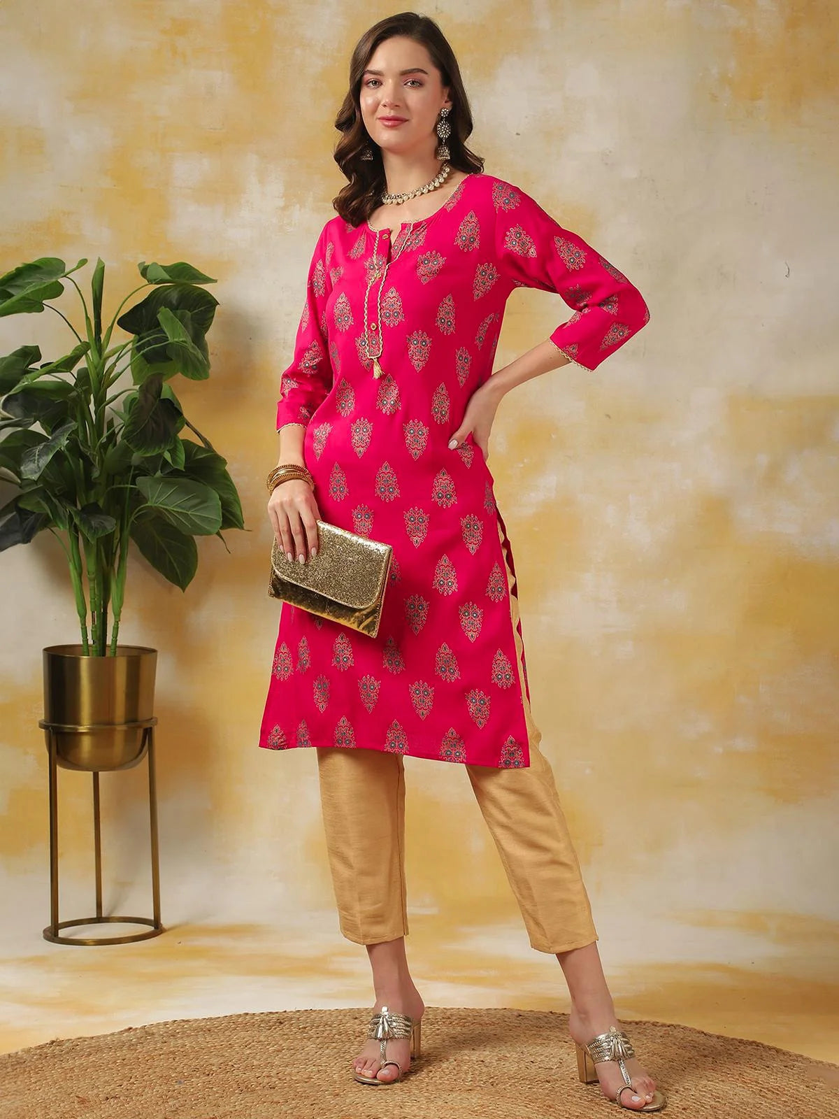 Buy Rayon Printed Knee Length Straight Kurta-Pink