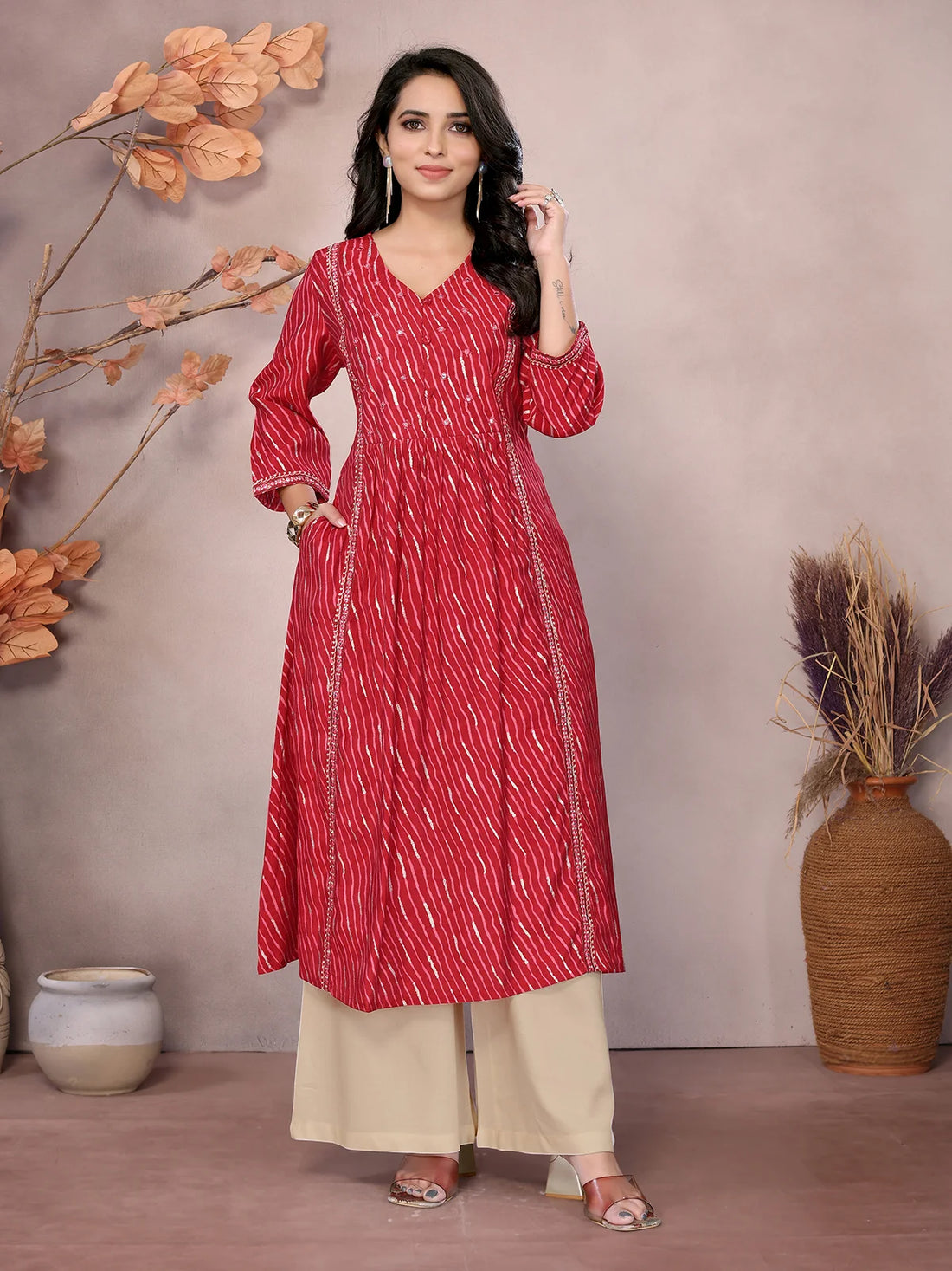 Buy Chanderi Embroidered Calf Length Flared Kurta-Red