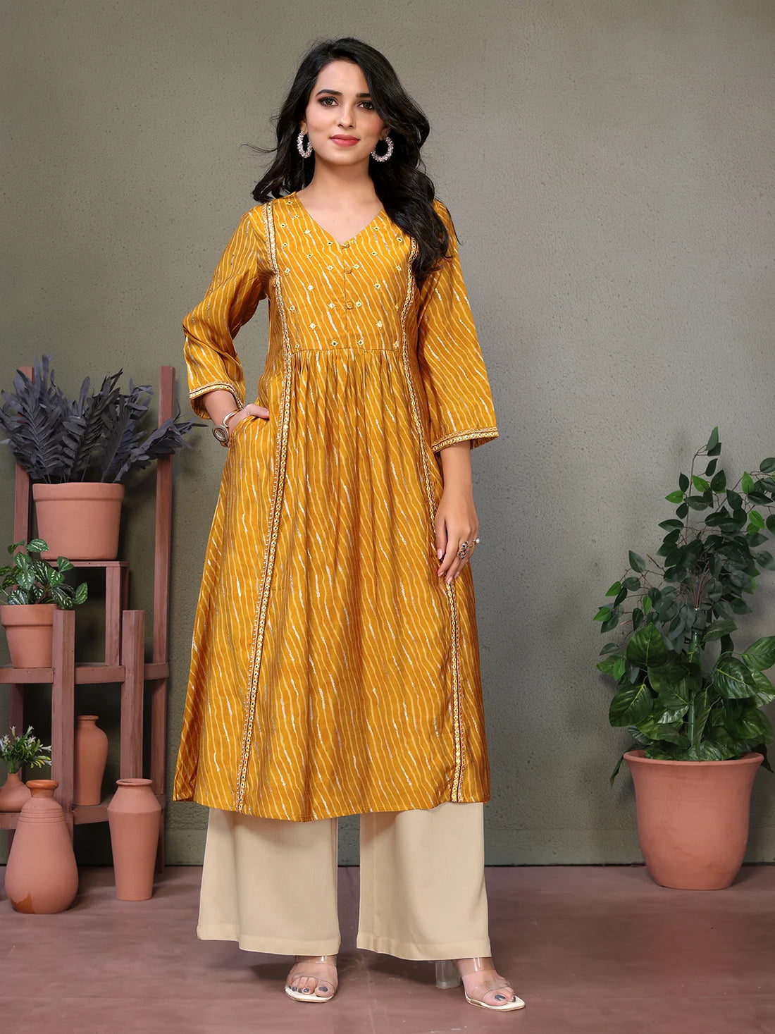 Buy Chanderi Embroidered Calf Length Flared Kurta-Mustard