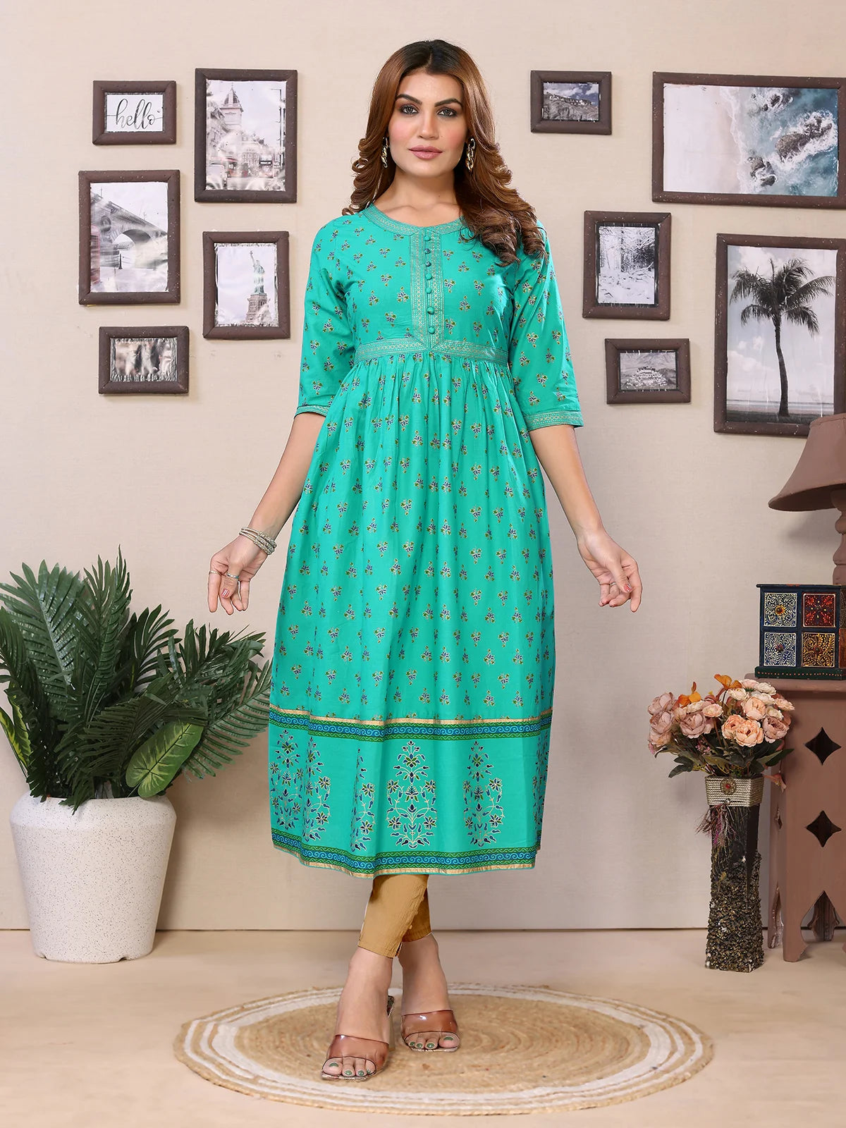 Buy Cotton Printed Calf Length Flared Kurta-Green