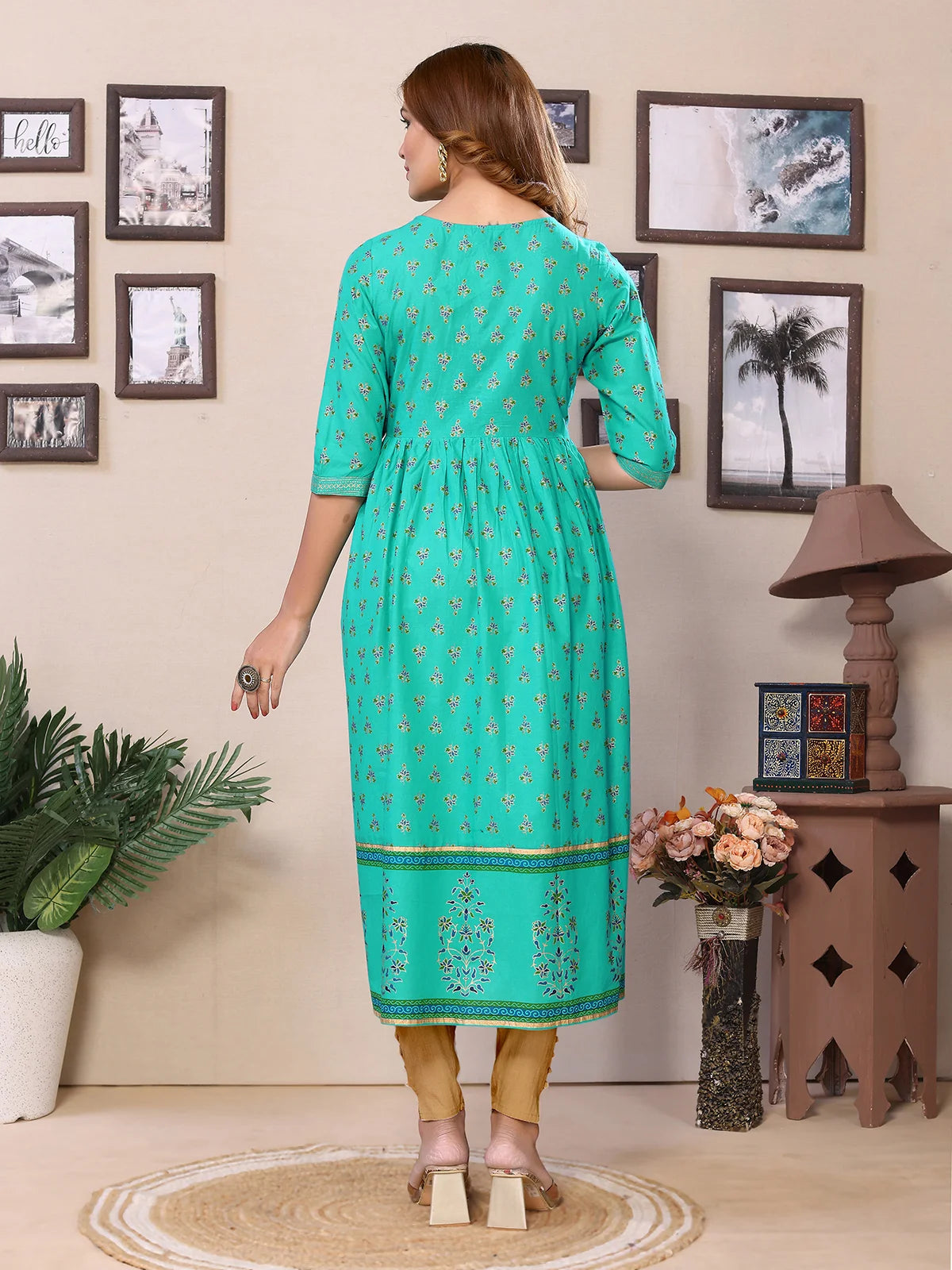 Buy Cotton Printed Calf Length Flared Kurta-Green