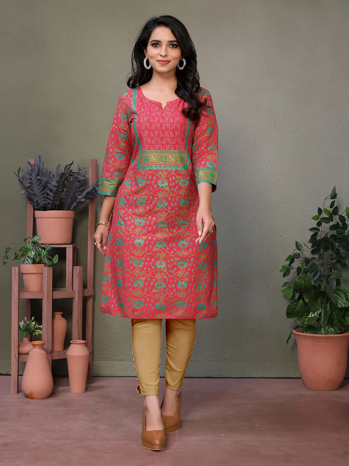 Buy Cotton Embroidered Knee Length Straight Kurta-Red