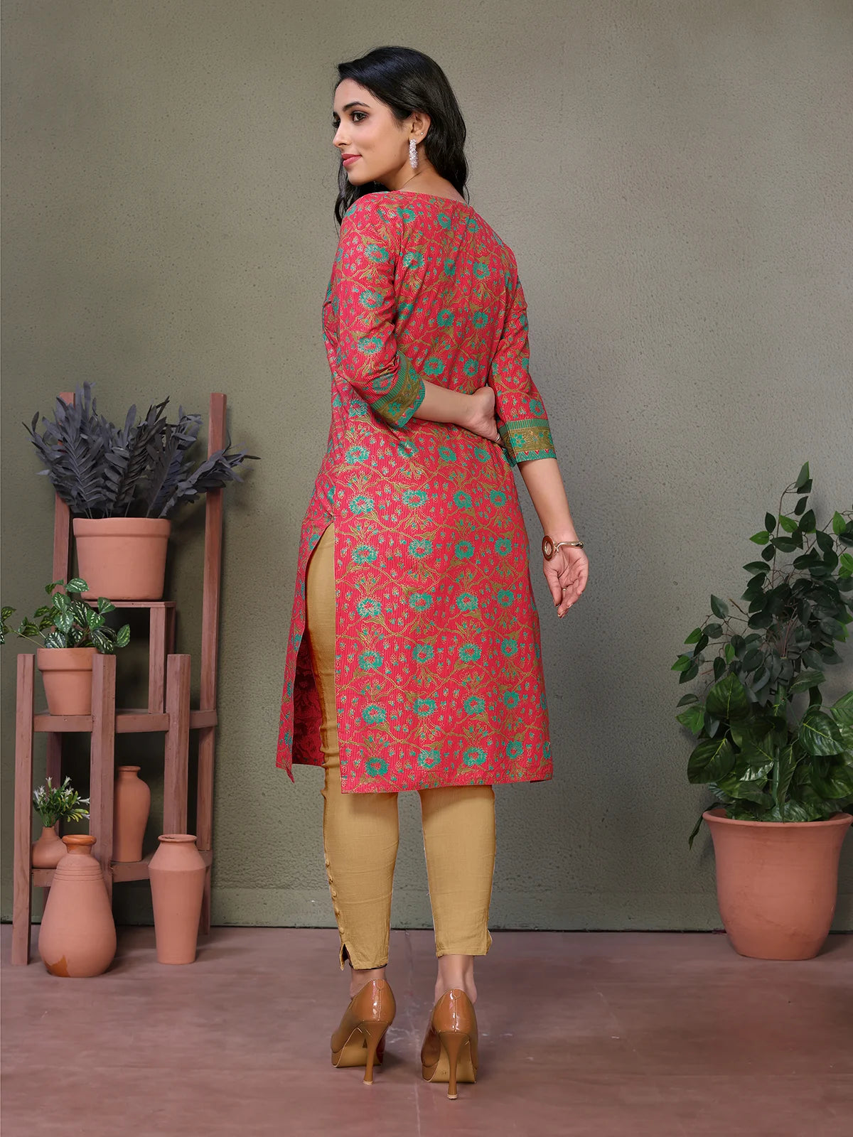 Buy Cotton Embroidered Knee Length Straight Kurta-Red