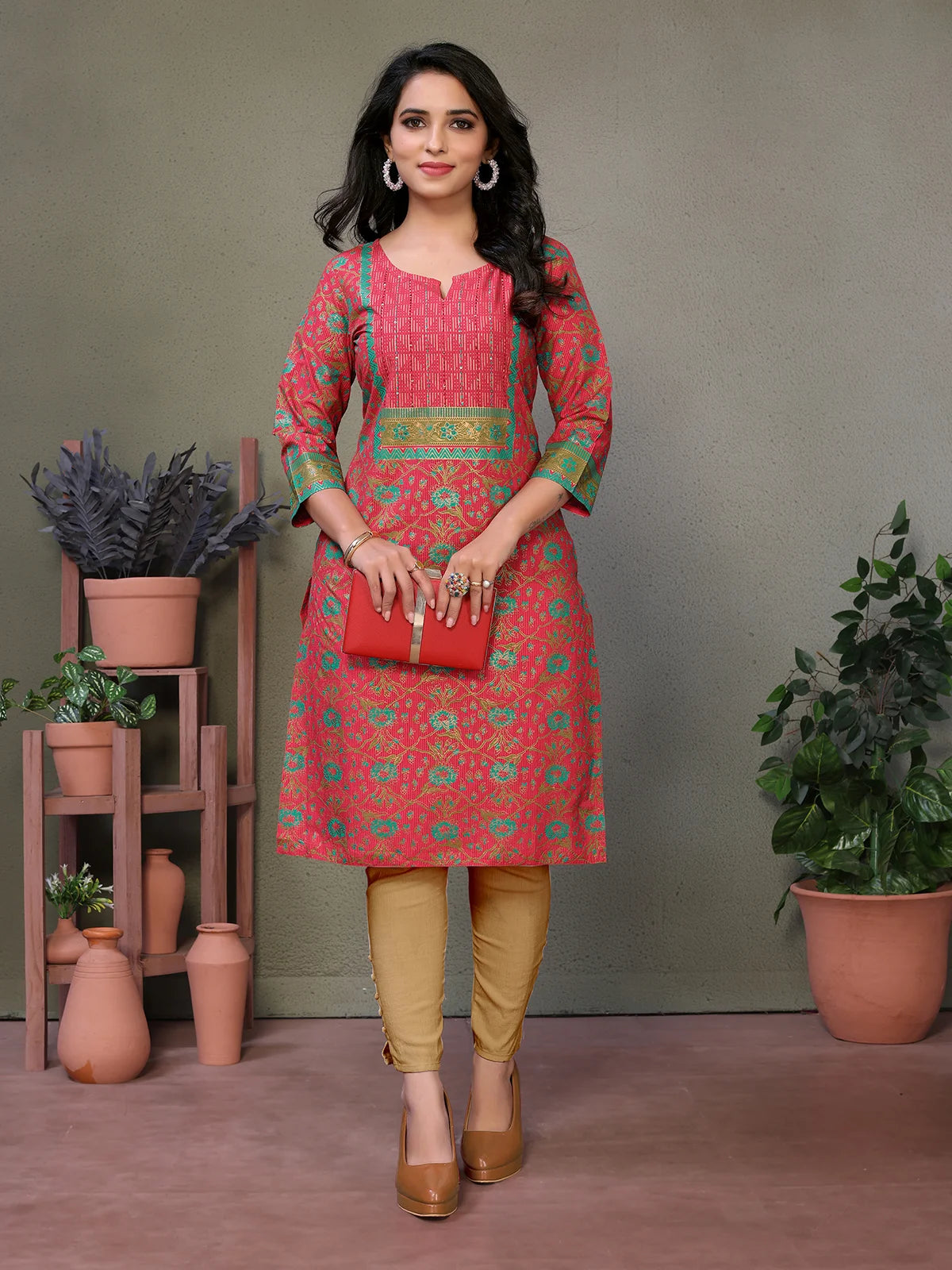 Buy Cotton Embroidered Knee Length Straight Kurta-Red