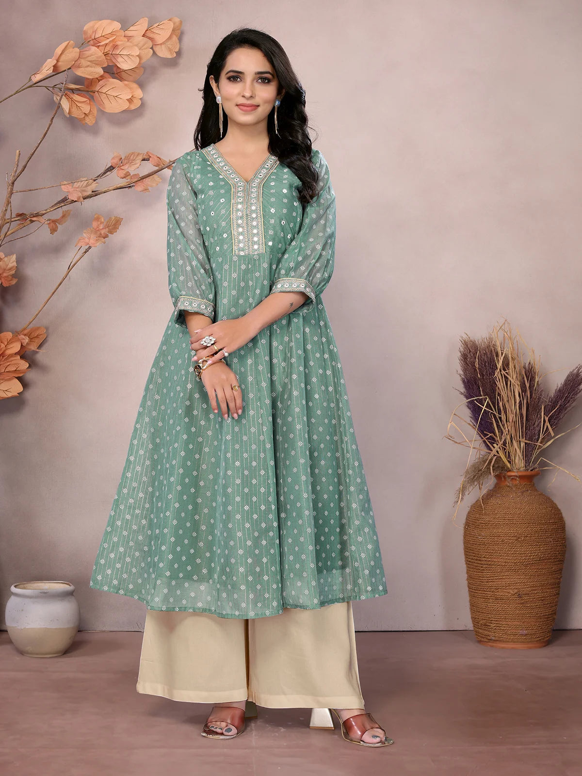 Buy Chanderi Embroidered Calf Length Anarkali Kurta-Green