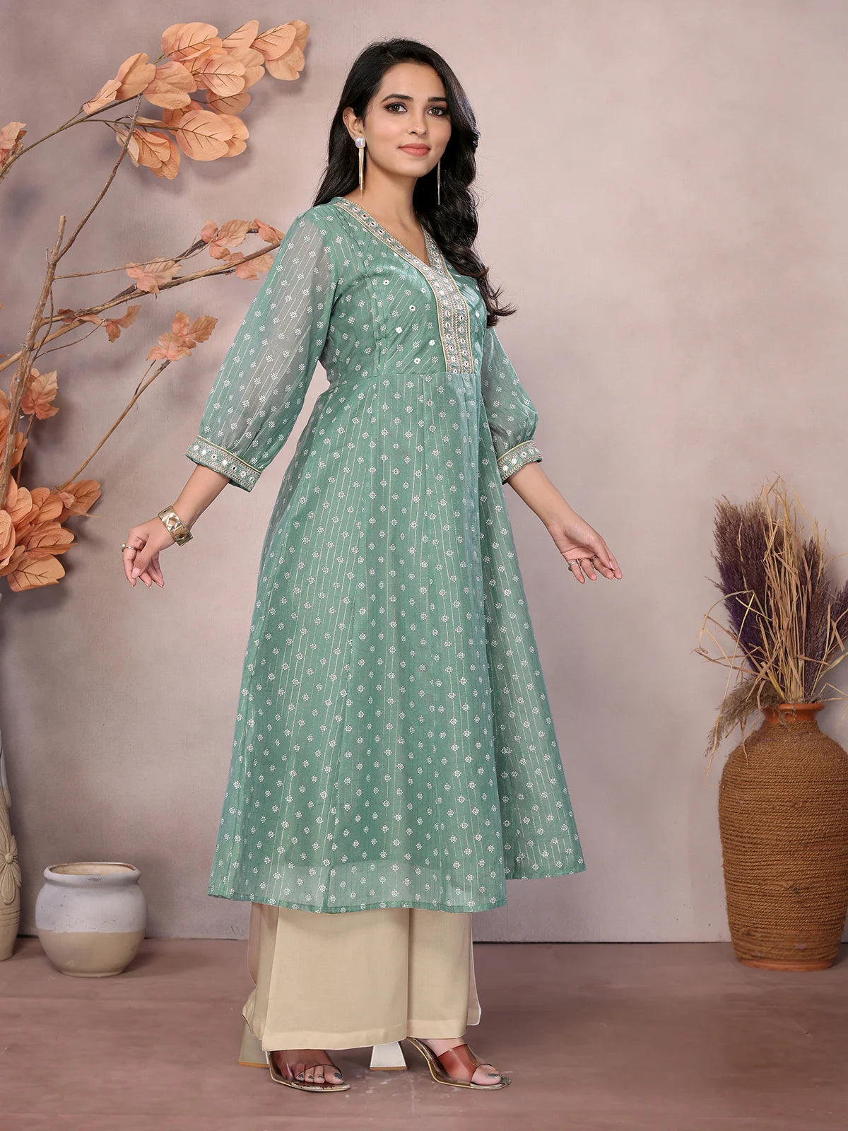 Buy Chanderi Embroidered Calf Length Anarkali Kurta-Green