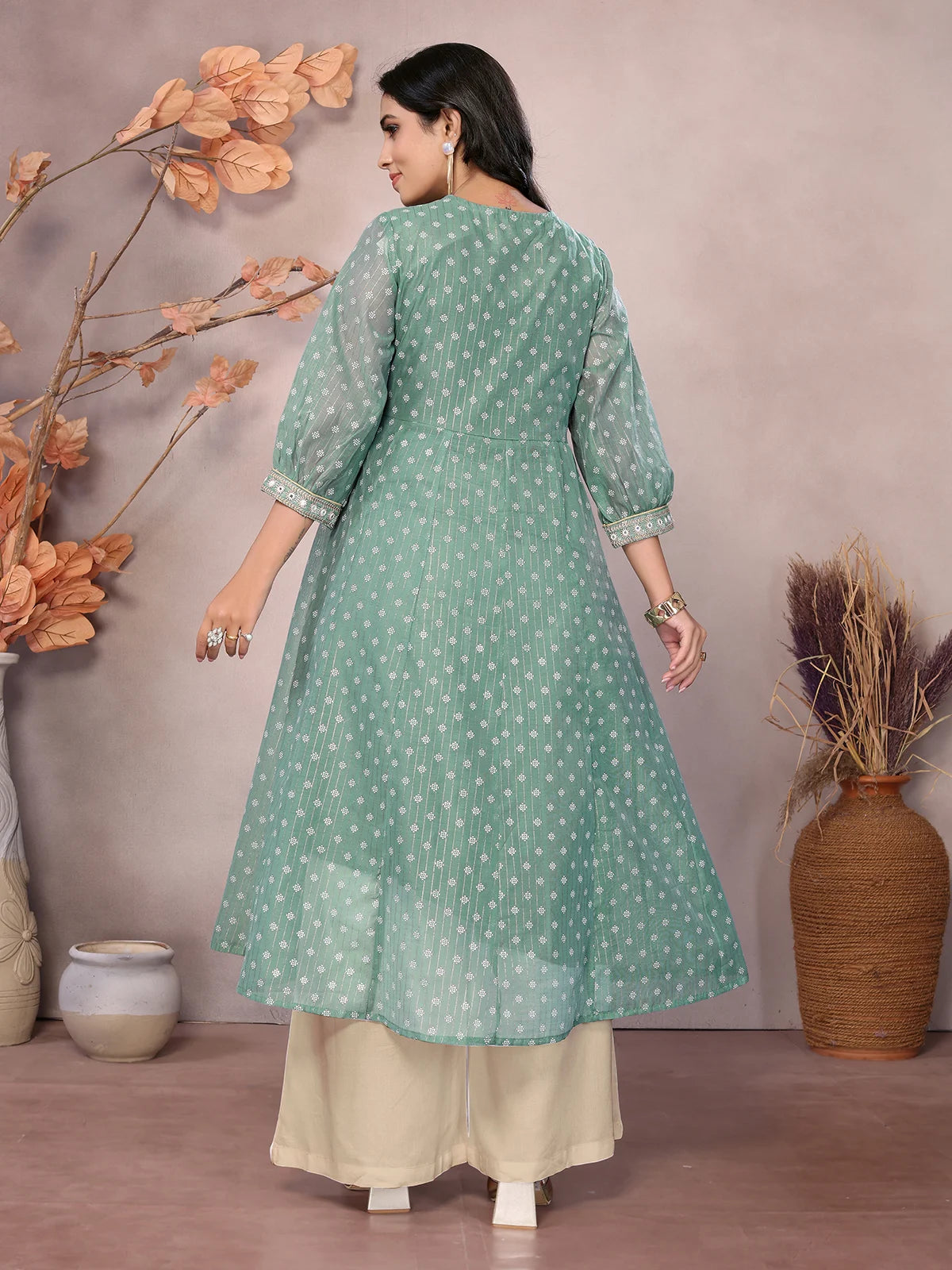 Buy Chanderi Embroidered Calf Length Anarkali Kurta-Green