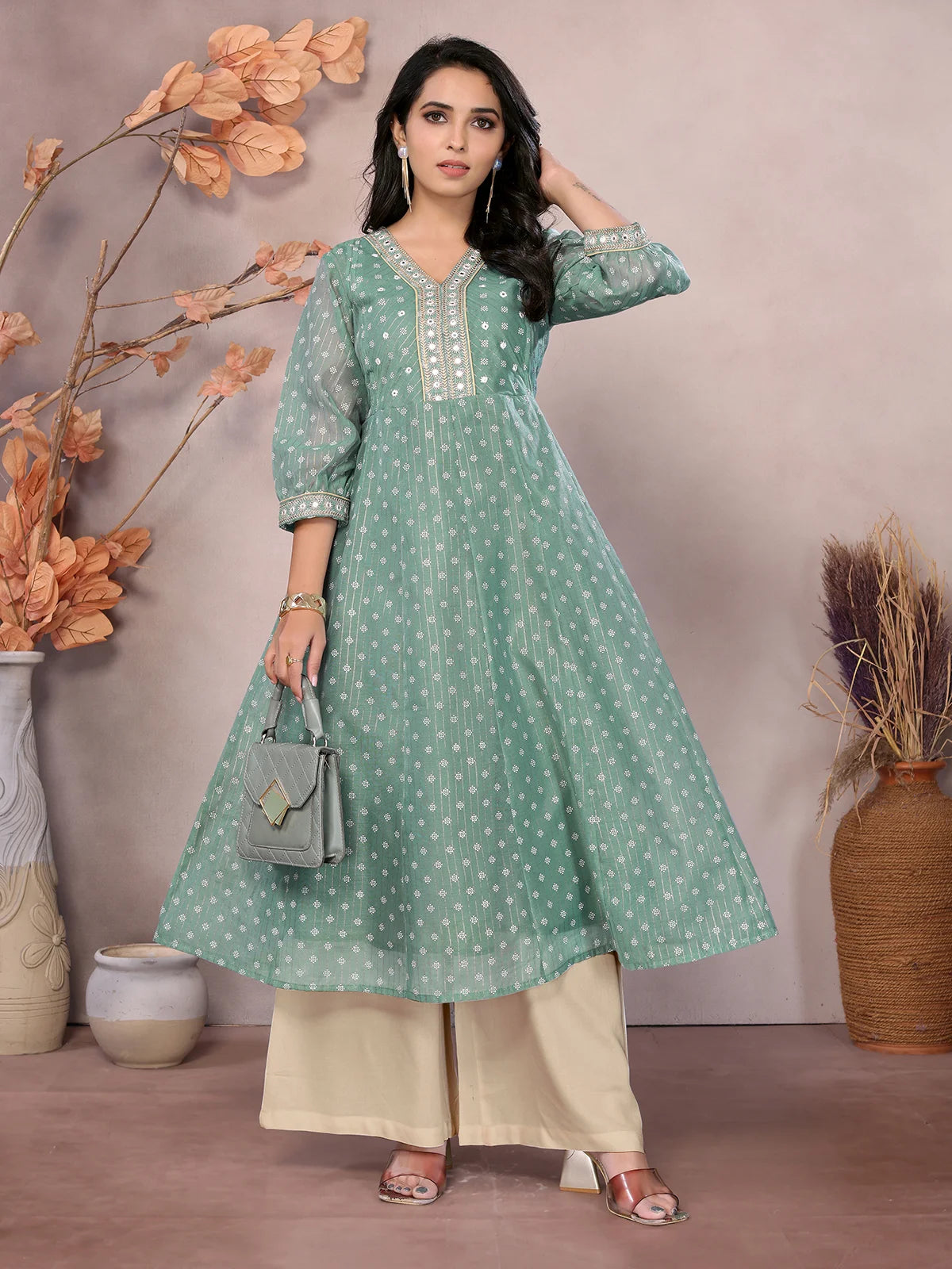 Buy Chanderi Embroidered Calf Length Anarkali Kurta-Green