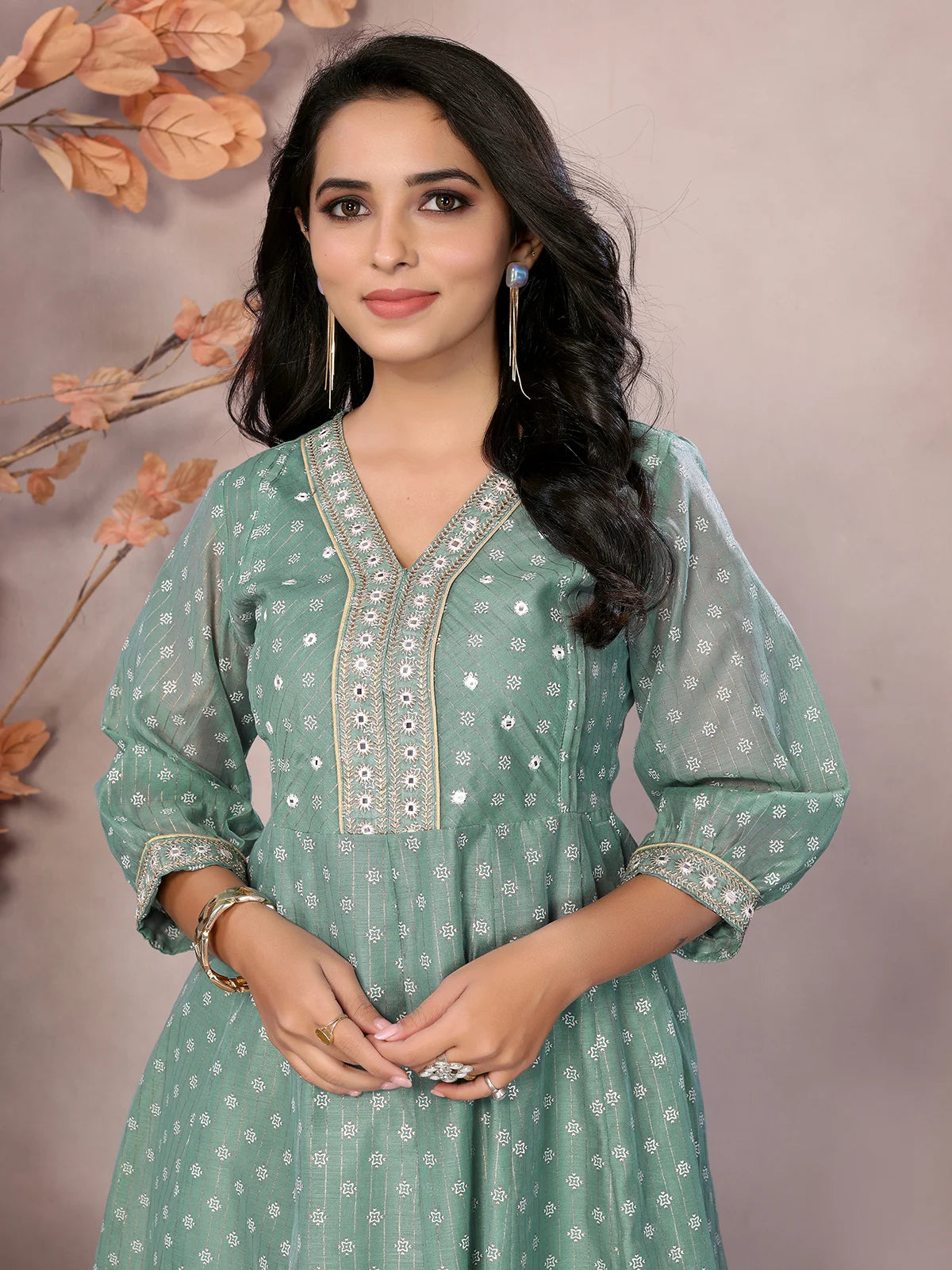 Buy Chanderi Embroidered Calf Length Anarkali Kurta-Green