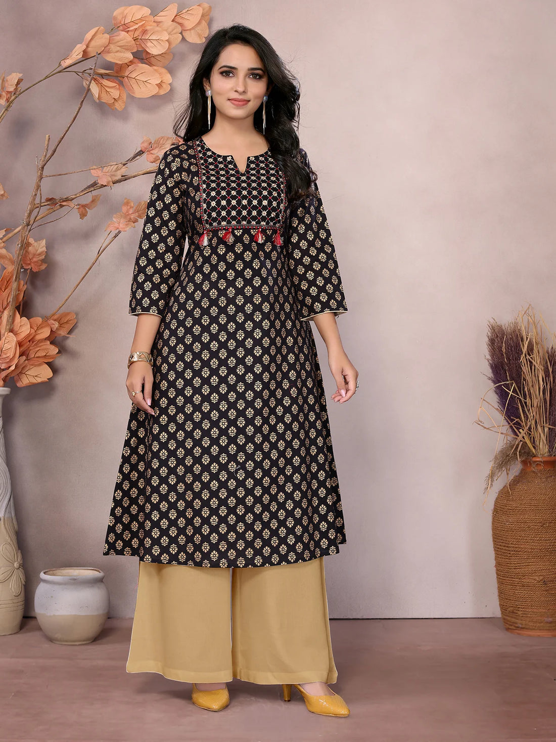 Buy Cotton Embroidered Calf Length A-Line Kurta-Black