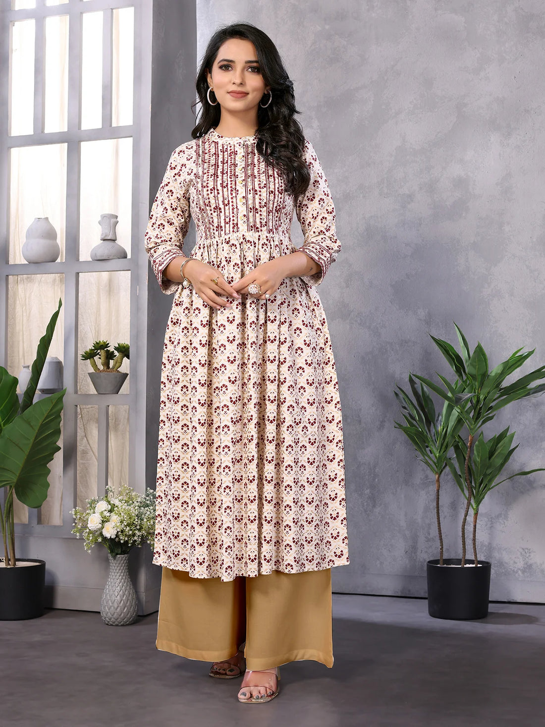 Buy Rayon Embroidered Calf Length Flared Kurta-Off White