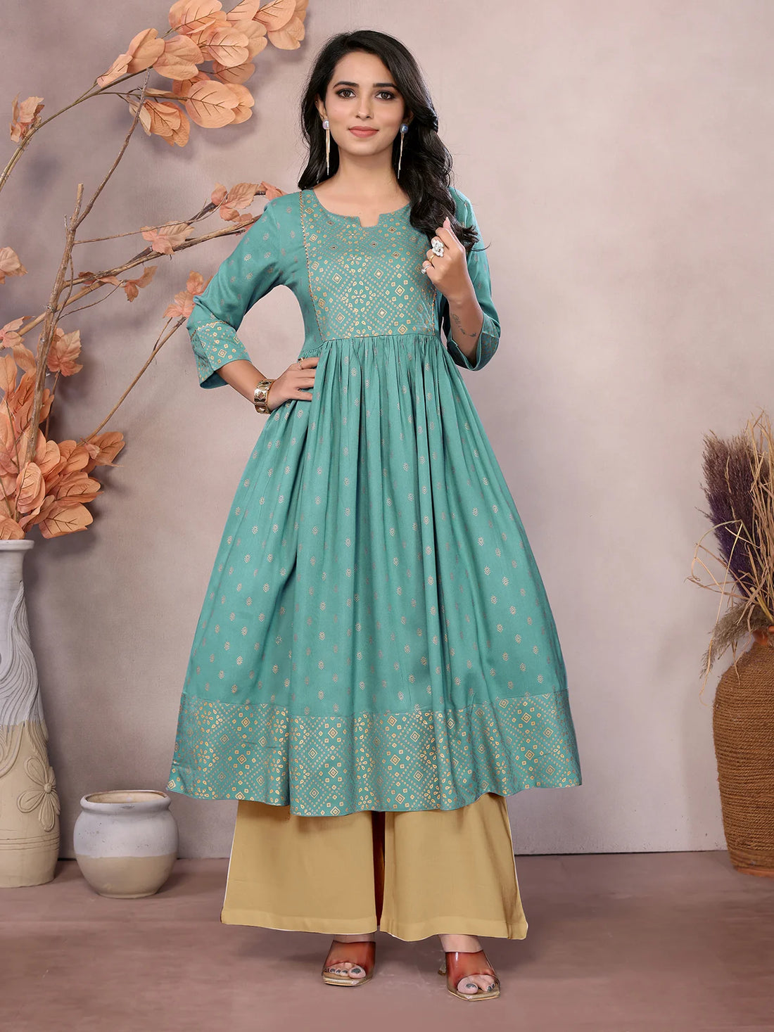 Buy Rayon Printed Calf Length Anarkali Kurta-Sea Green