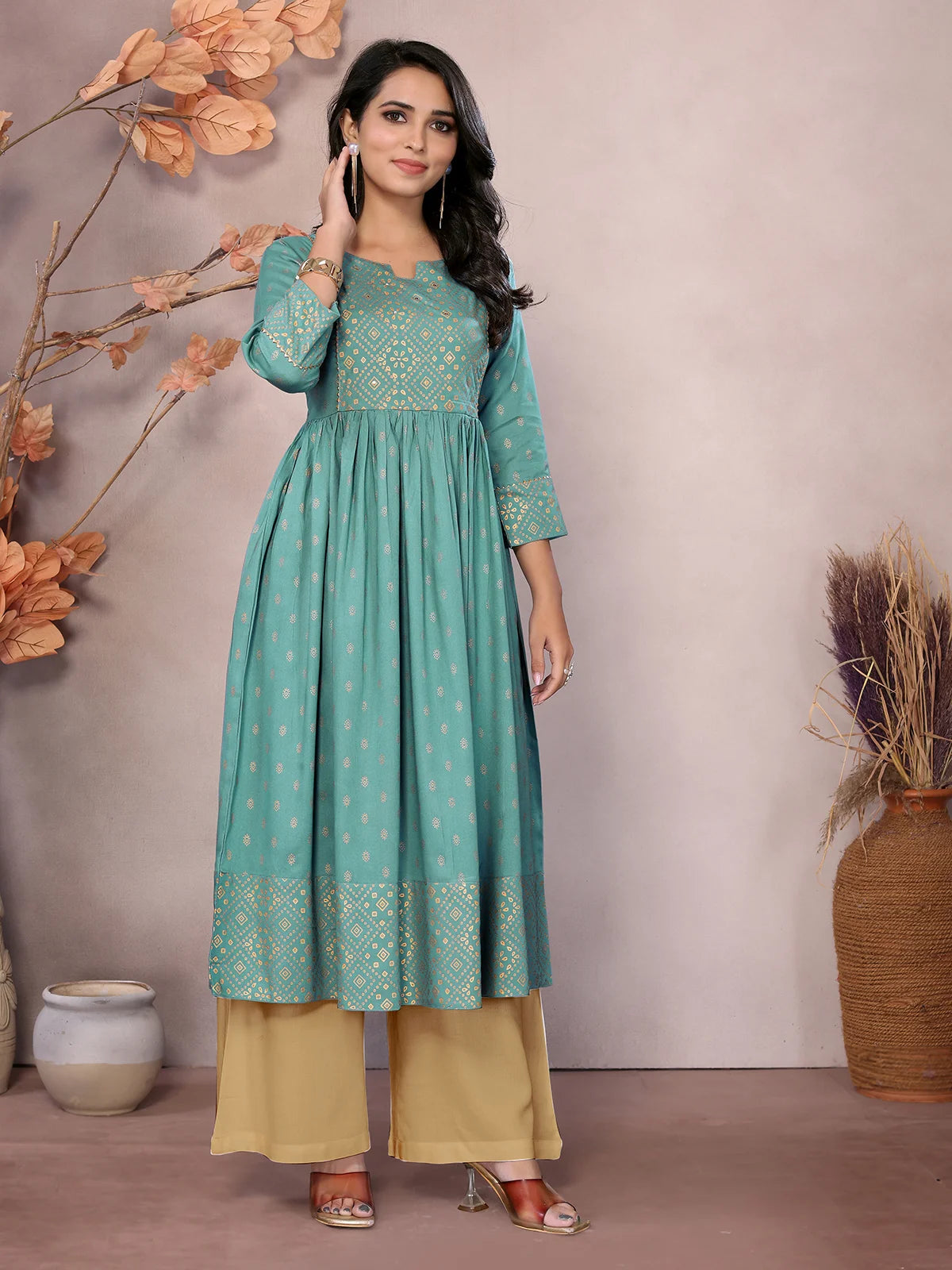 Buy Rayon Printed Calf Length Anarkali Kurta-Sea Green