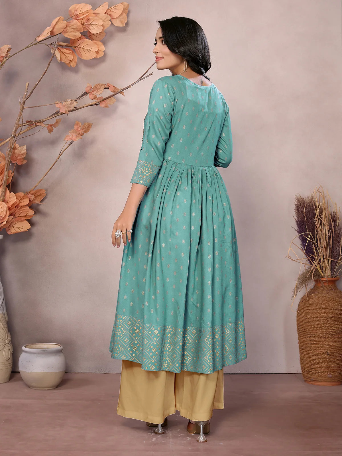 Buy Rayon Printed Calf Length Anarkali Kurta-Sea Green