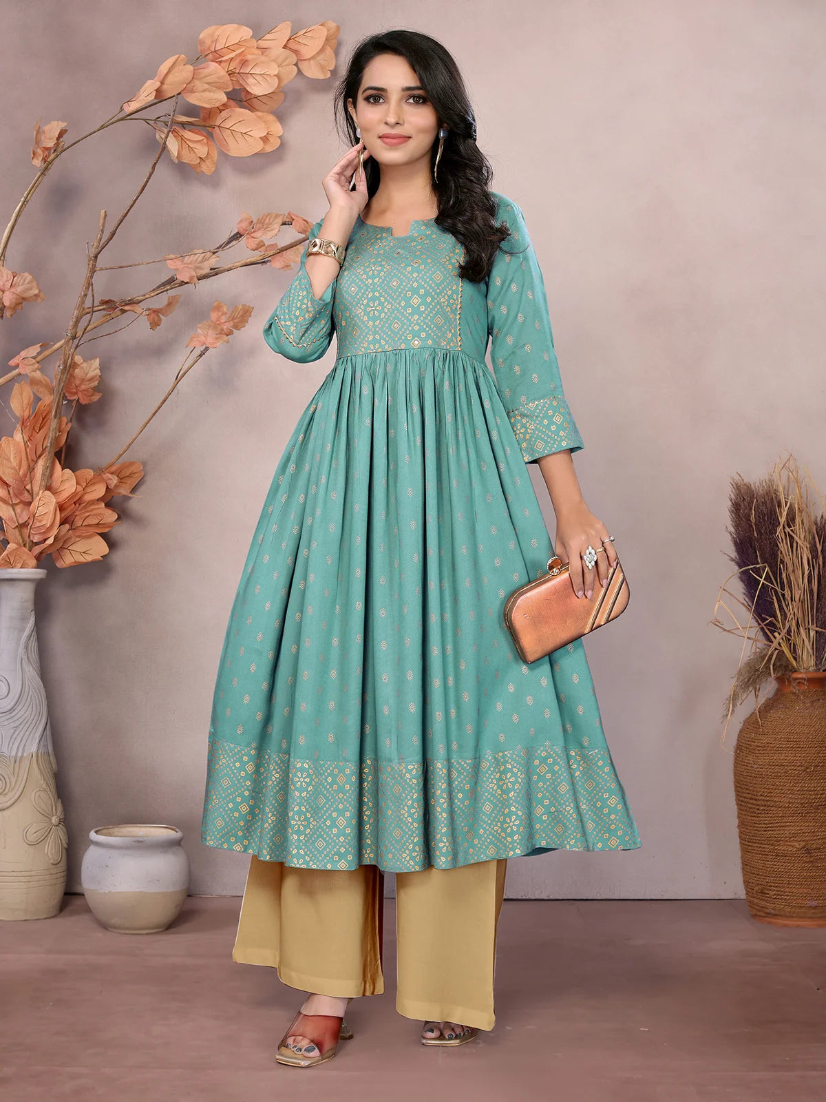 Buy Rayon Printed Calf Length Anarkali Kurta-Sea Green