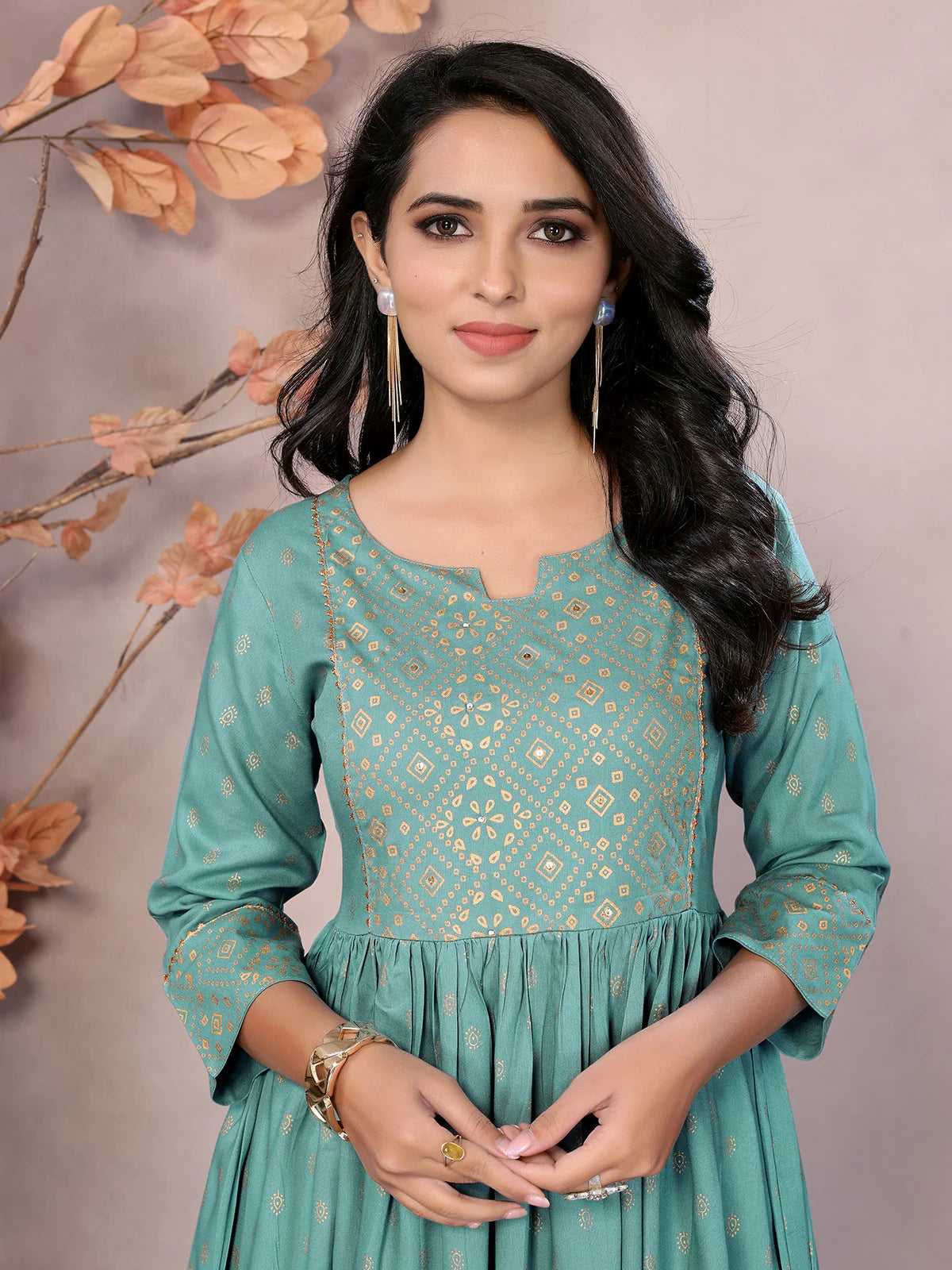 Buy Rayon Printed Calf Length Anarkali Kurta-Sea Green