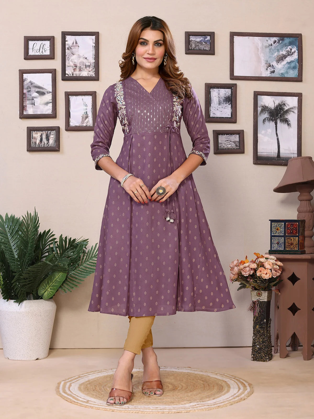 Buy Rayon Embroidered Calf Length Flared Kurta-Wine