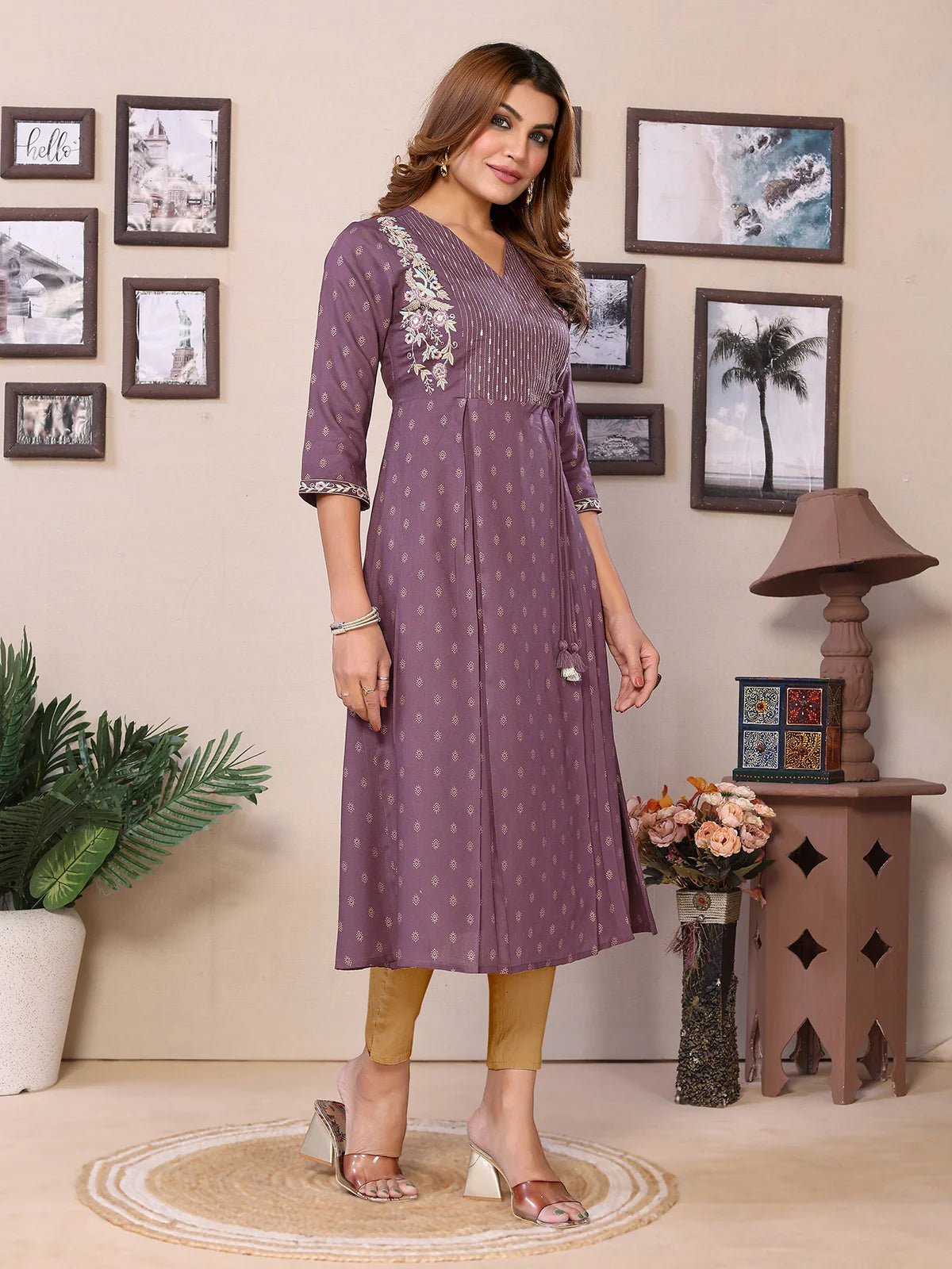 Buy Rayon Embroidered Calf Length Flared Kurta-Wine