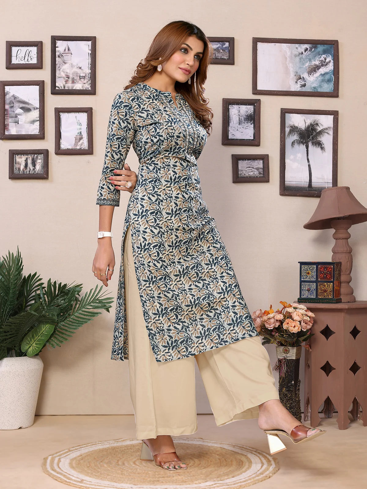 Buy Cotton Embroidered Calf Length Straight Kurta-Teal