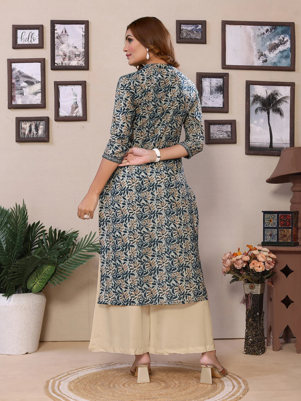 Buy Cotton Embroidered Calf Length Straight Kurta-Teal