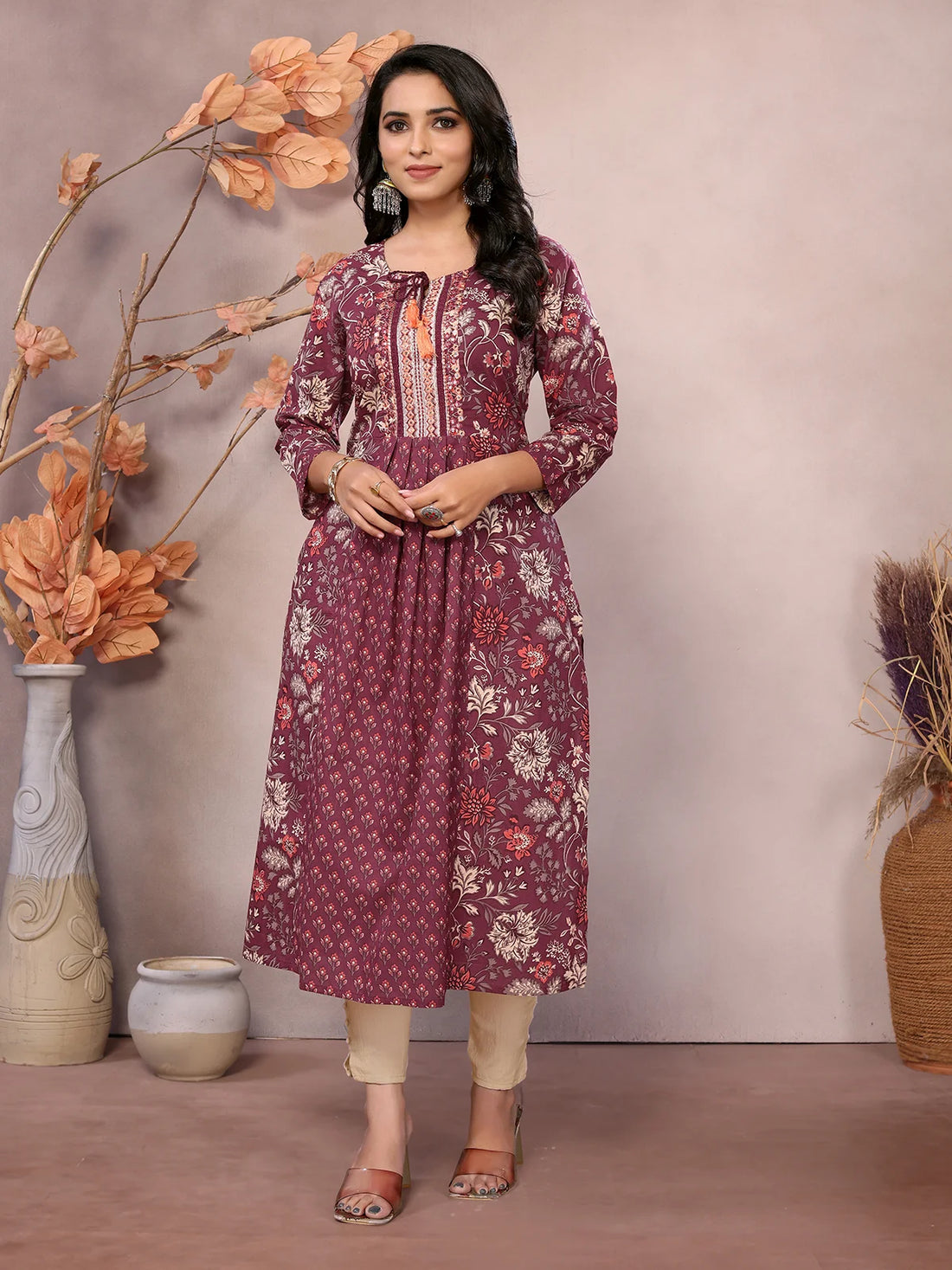 Buy Cotton Embroidered Calf Length A-Line Kurta-Maroon