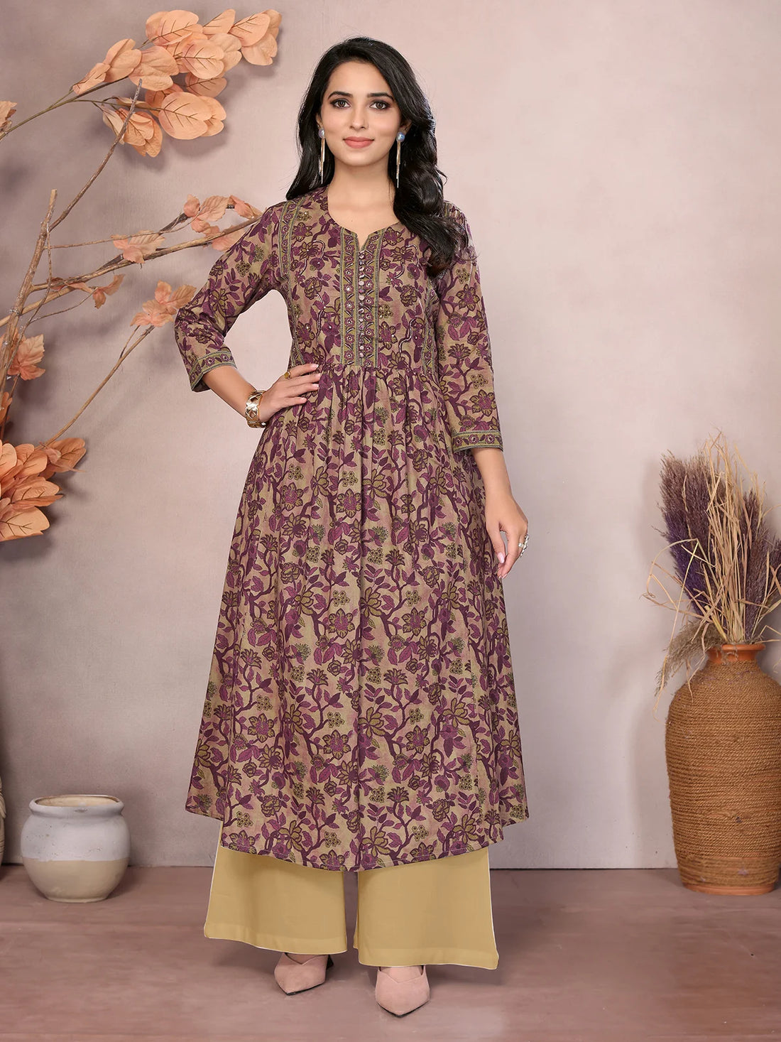 Buy Cotton Embroidered Calf Length Anarkali Kurta-Wine