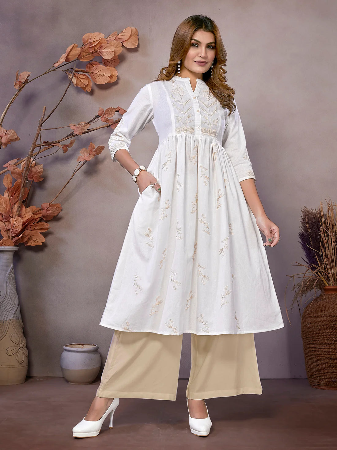 Buy Cotton Embroidered Calf Length Flared Kurta-White