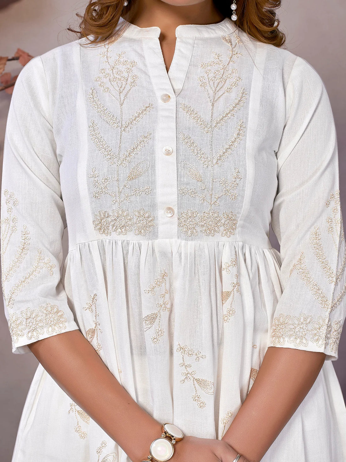 Buy Cotton Embroidered Calf Length Flared Kurta-White