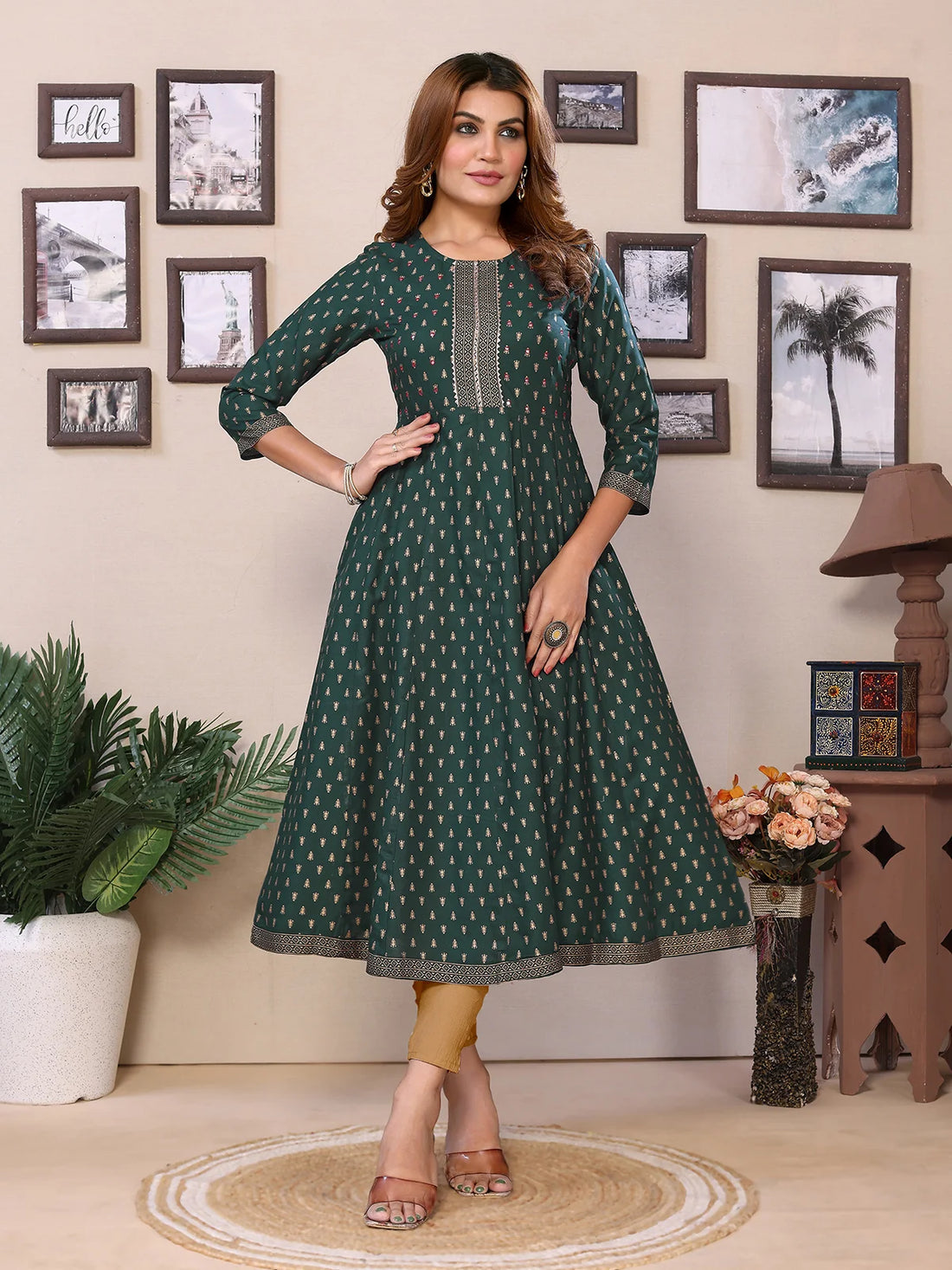 Buy Rayon Embroidered Calf Length Anarkali Kurta-Green