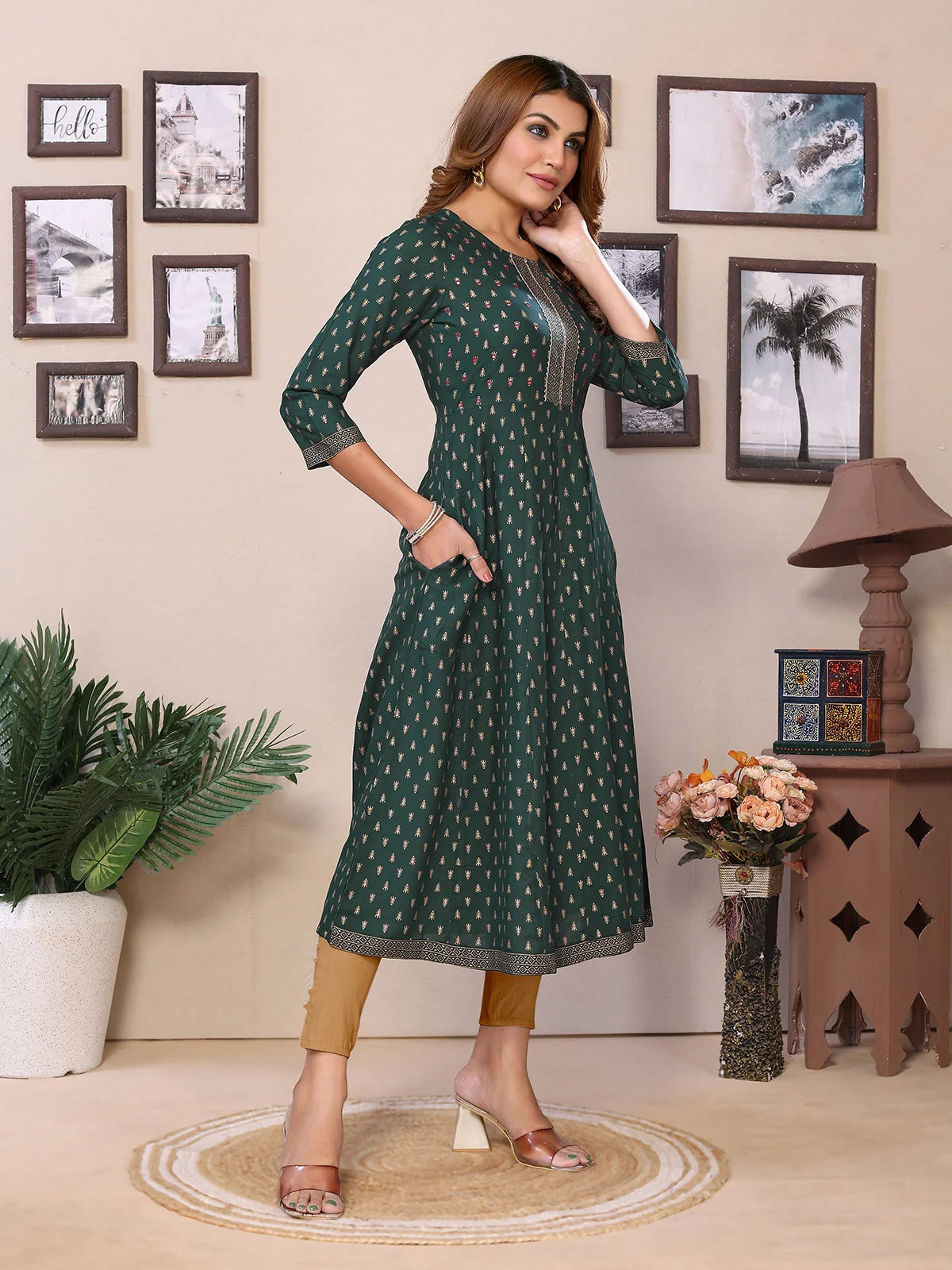 Buy Rayon Embroidered Calf Length Anarkali Kurta-Green