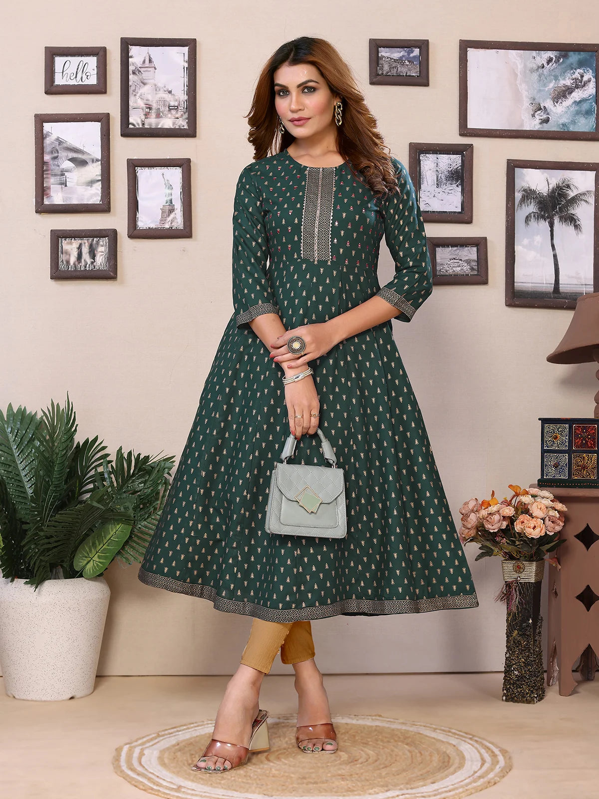 Buy Rayon Embroidered Calf Length Anarkali Kurta-Green