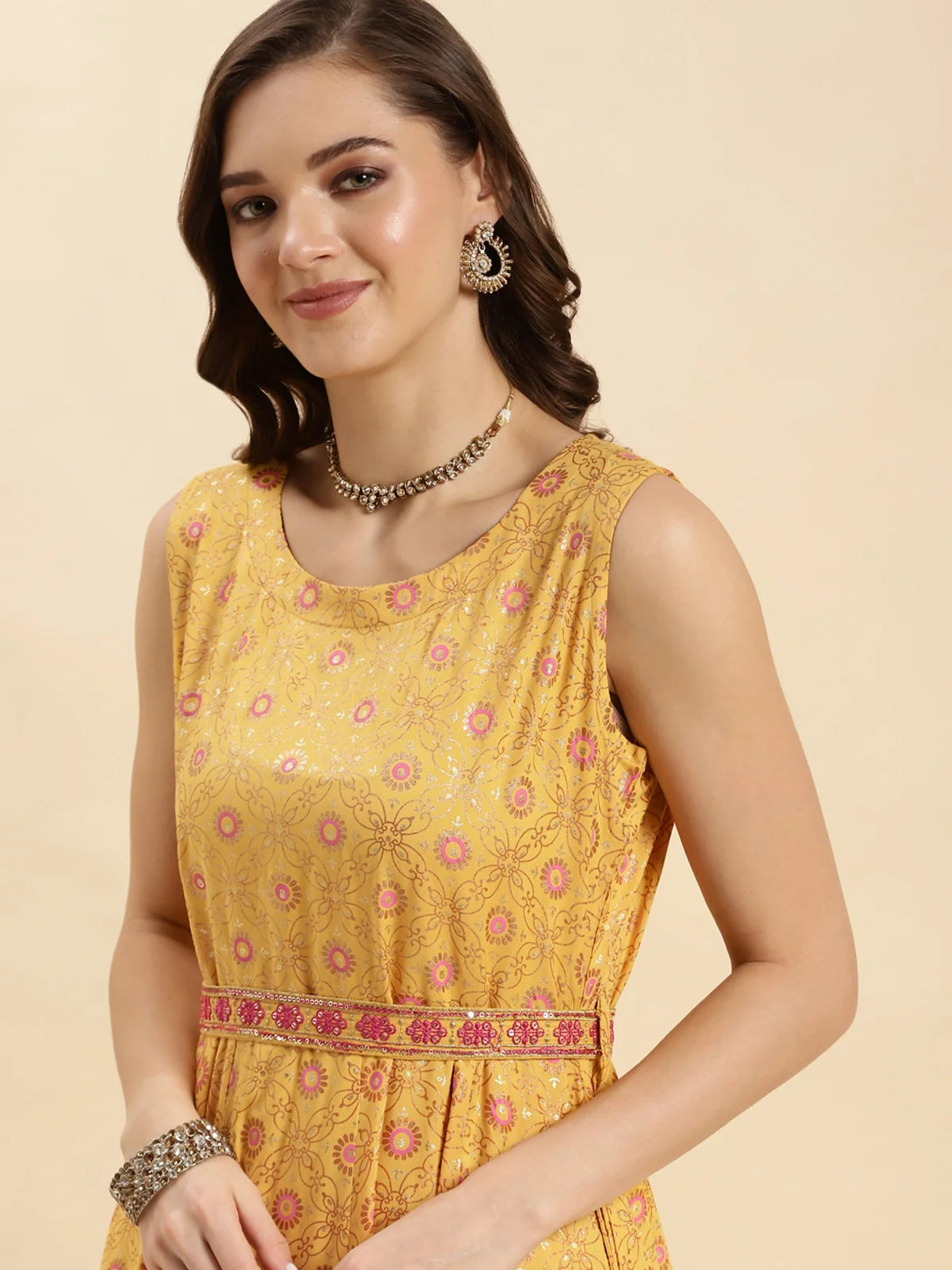 Buy Rayon Printed Calf Length Flared Kurta-Mustard