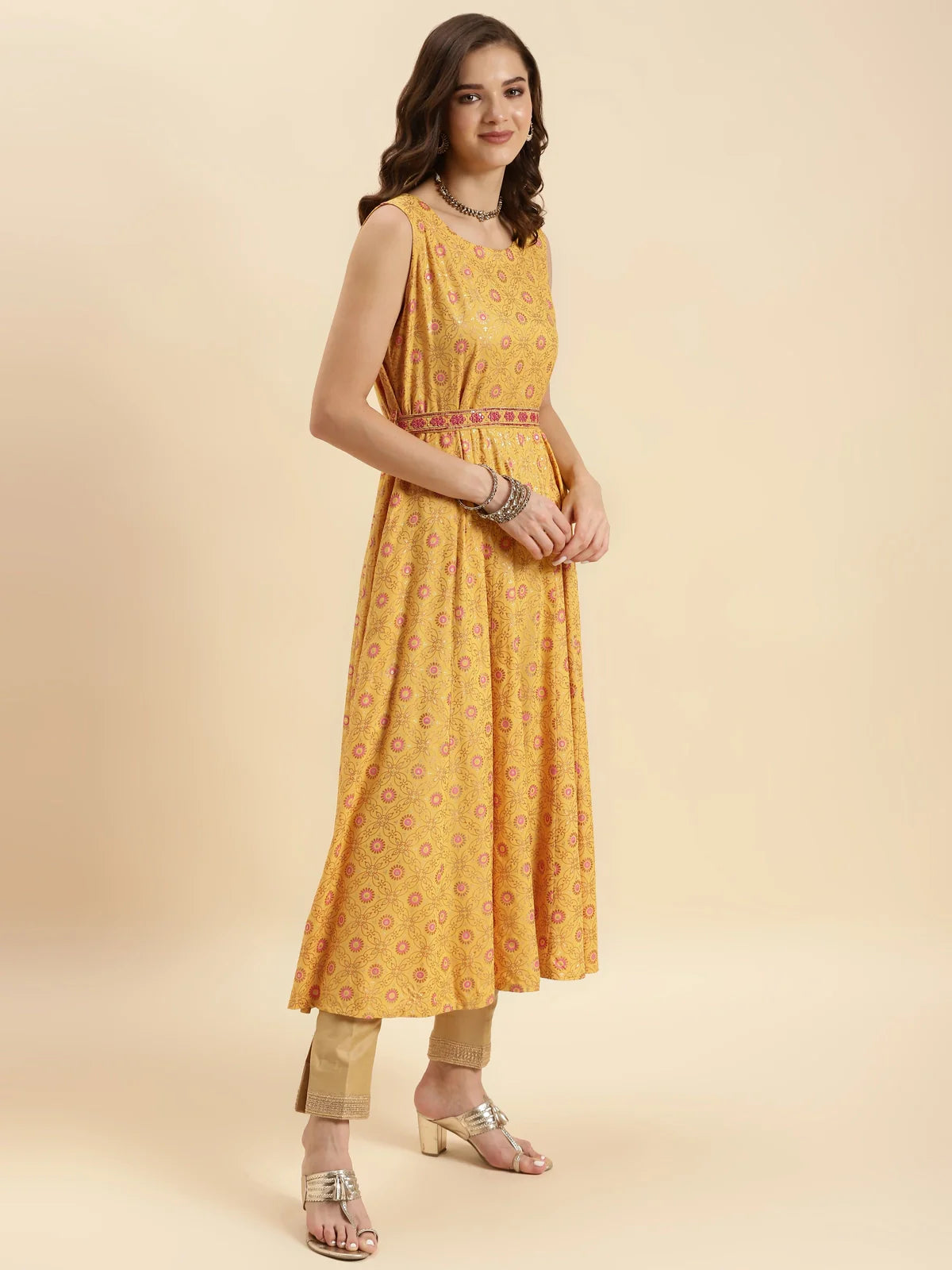 Buy Rayon Printed Calf Length Flared Kurta-Mustard